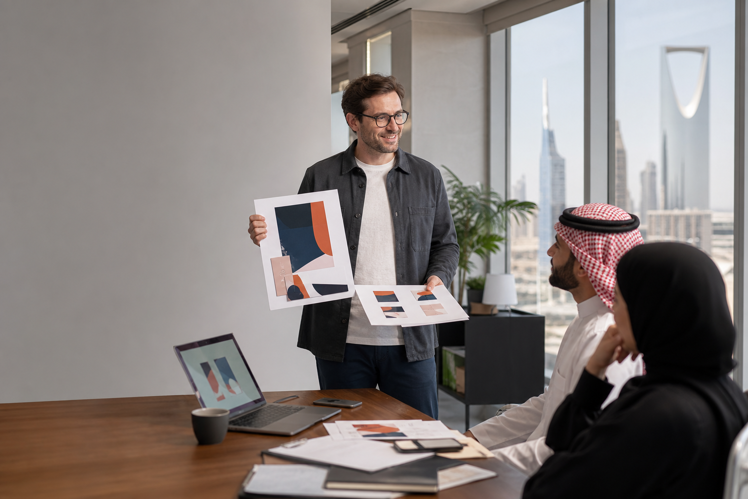 Creative professional presenting brand work in a modern Saudi office