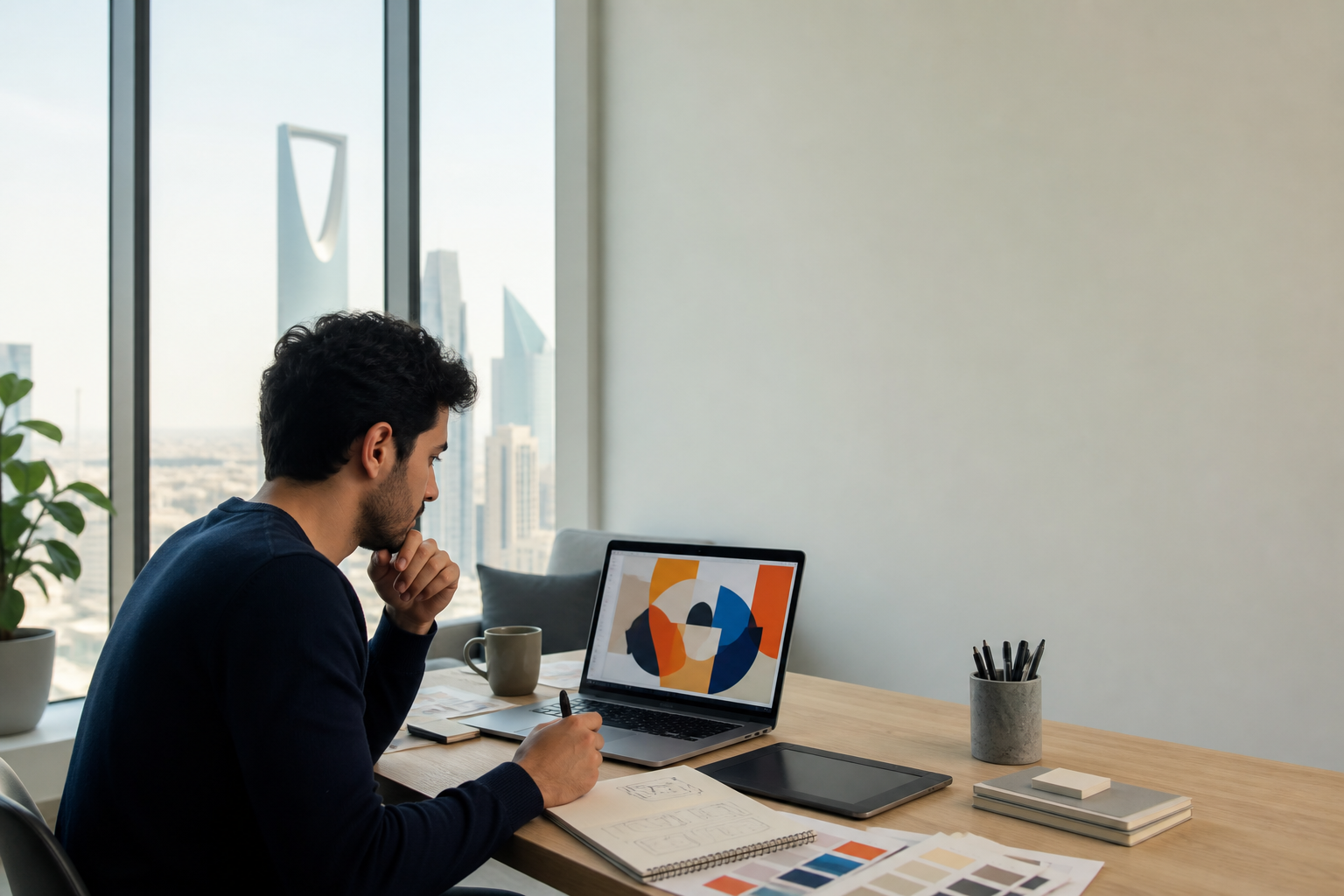 Learner studying graphic design at a laptop in a bright Riyadh workspace