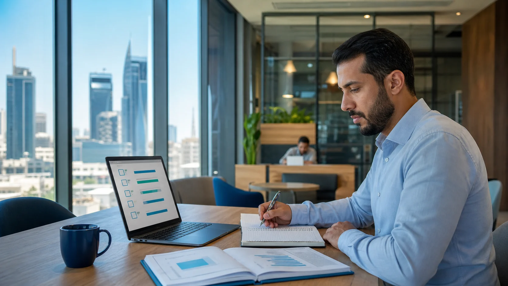 Professional studying ISO 13485 Lead Auditor material in a Saudi coworking space