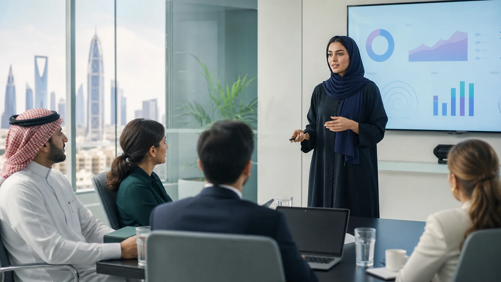 Compliance professional discussing anti-bribery risk controls in a Riyadh office