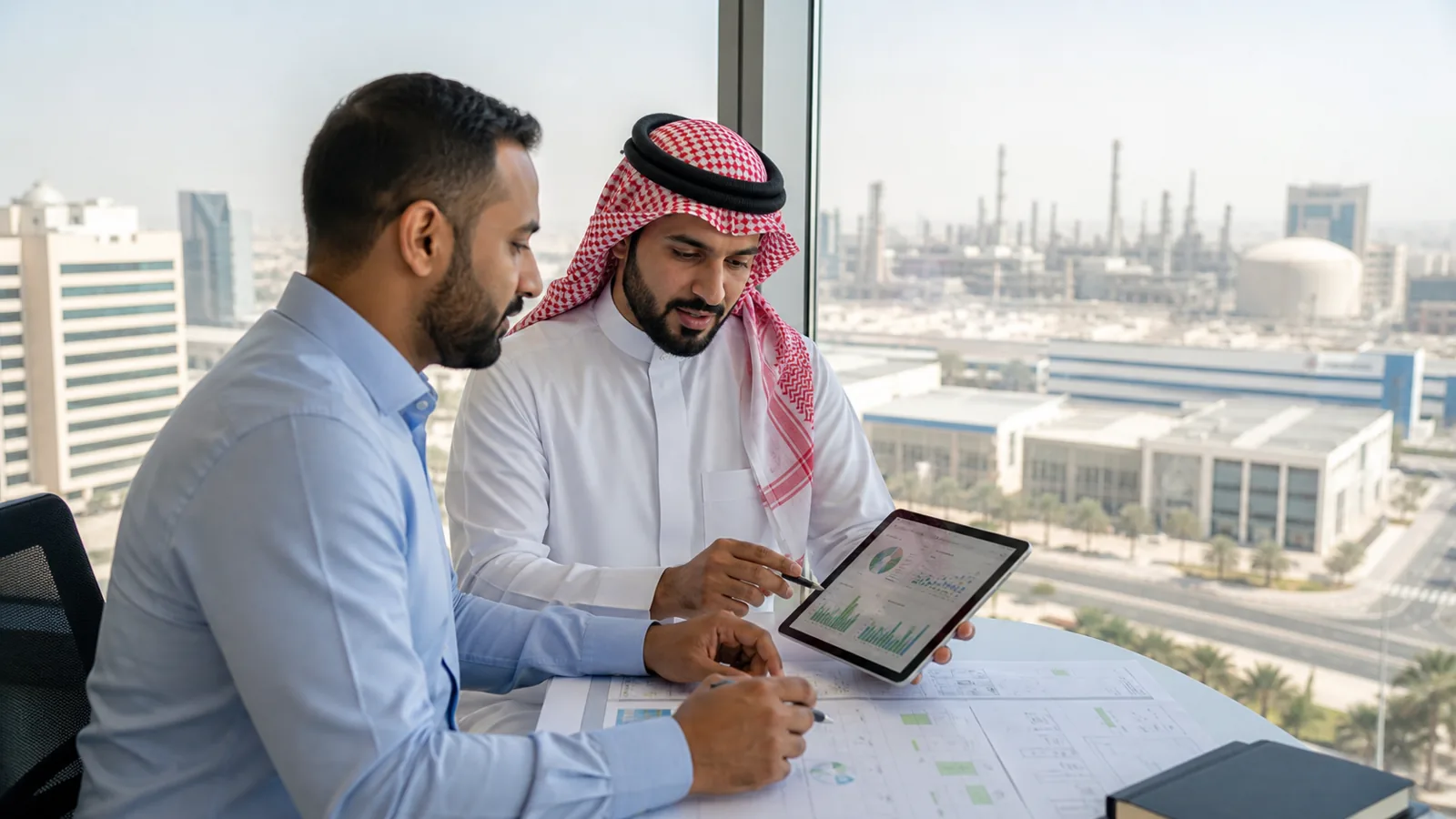 Energy and reliability professionals reviewing an EnMS audit plan in Saudi Arabia