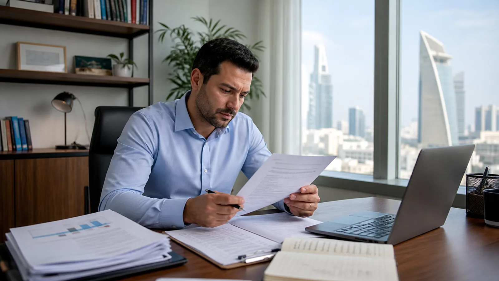Professional revising ISO 50001 Lead Auditor material in a Jeddah office