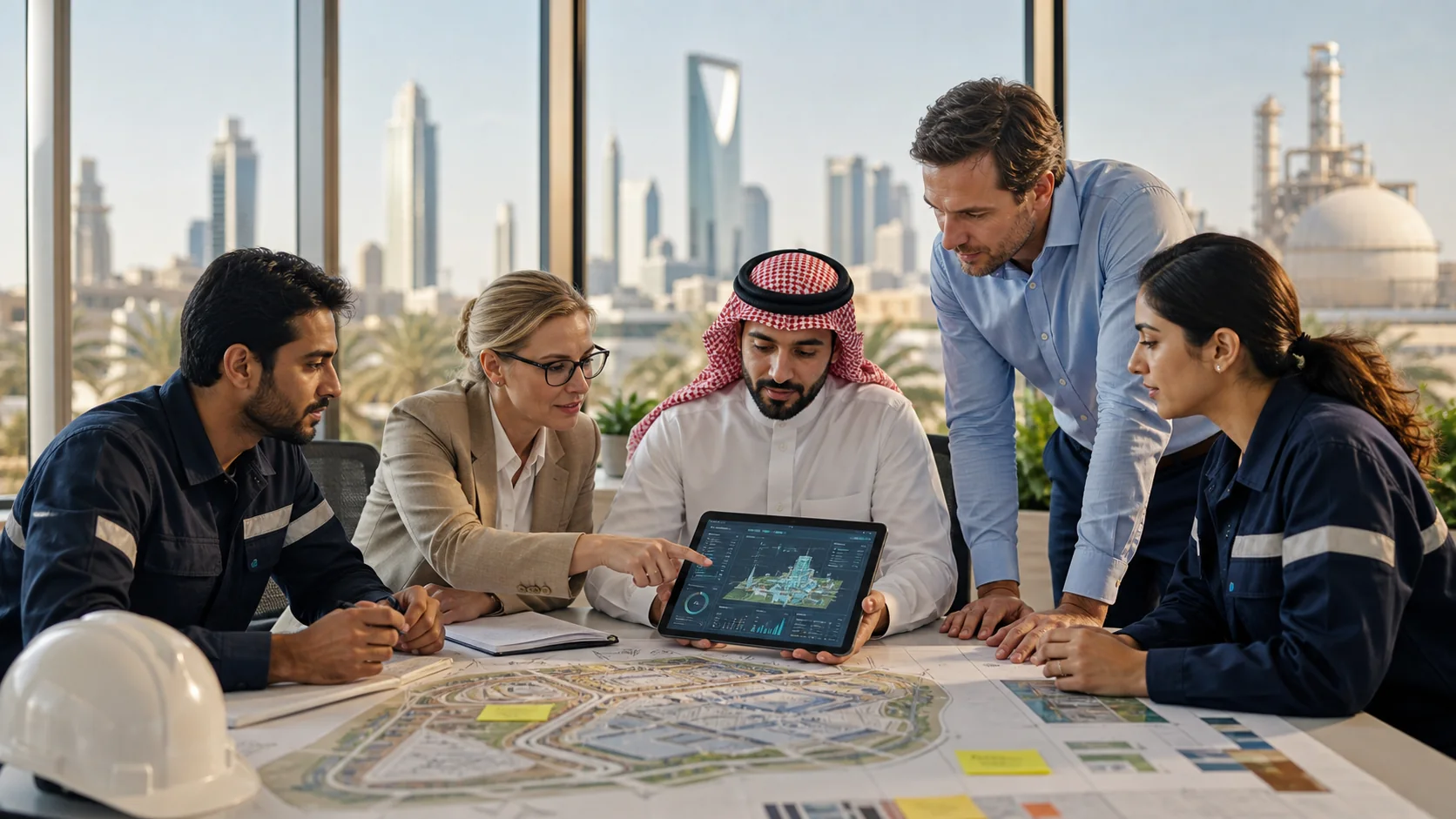 Saudi asset reliability team reviewing asset performance and lifecycle planning data