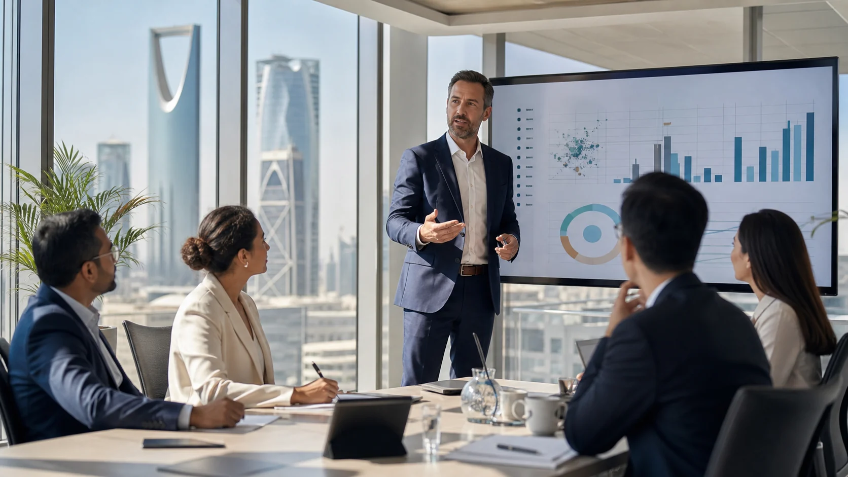 Asset management leader discussing lifecycle performance in a modern Riyadh office