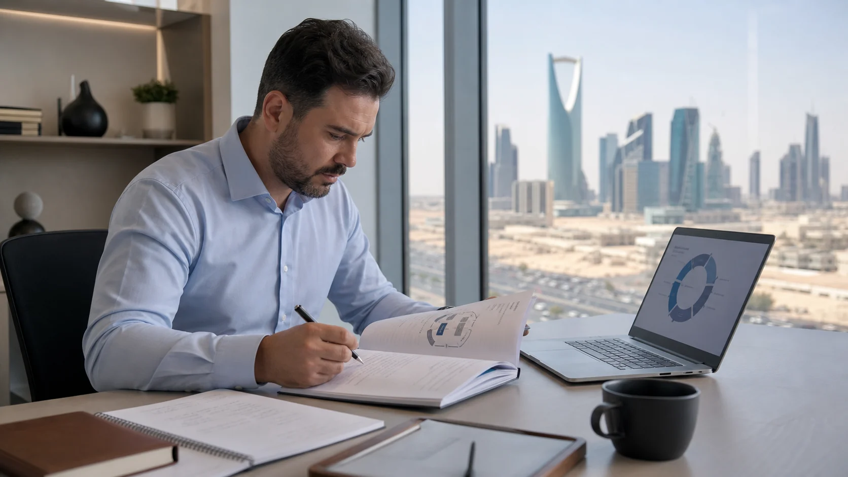 Asset management professional studying ISO 55001 Lead Implementer material in a Riyadh office