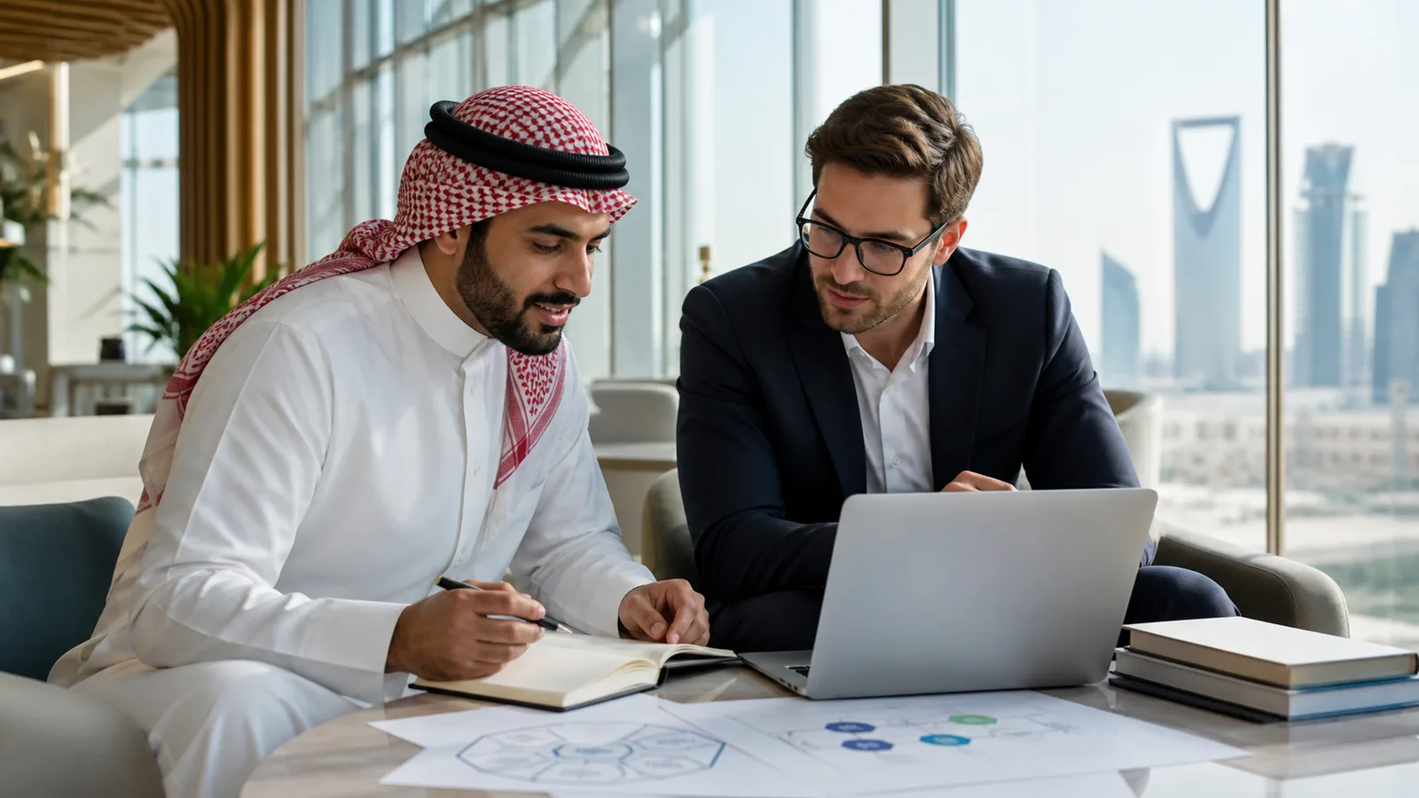 Saudi and expatriate professionals using ISO IEC 38500 Foundation study resources in a Riyadh office