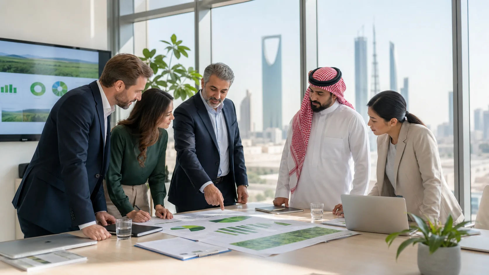 Environmental audit professionals reviewing EMS performance in a Riyadh office