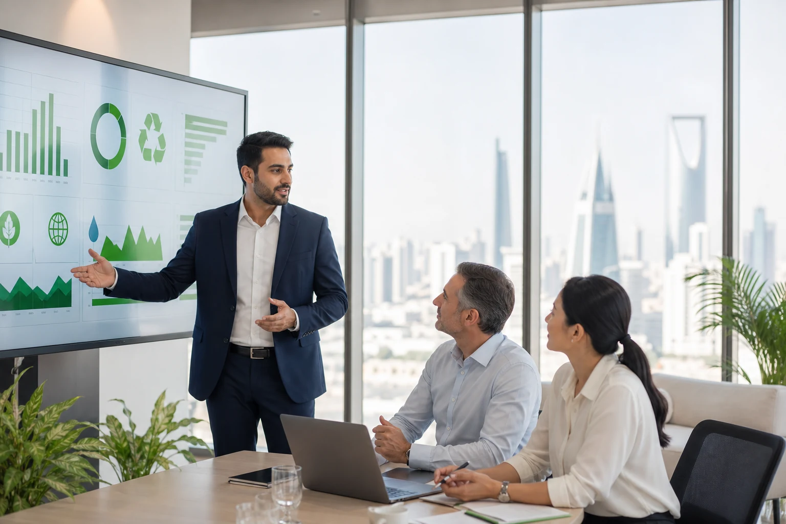 Environmental management leader reviewing EMS performance in Riyadh