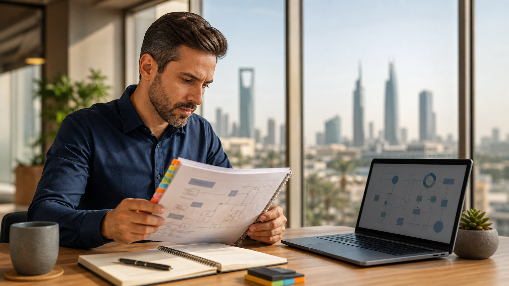 Professional studying ISO 21001 EOMS implementation materials in a Riyadh office