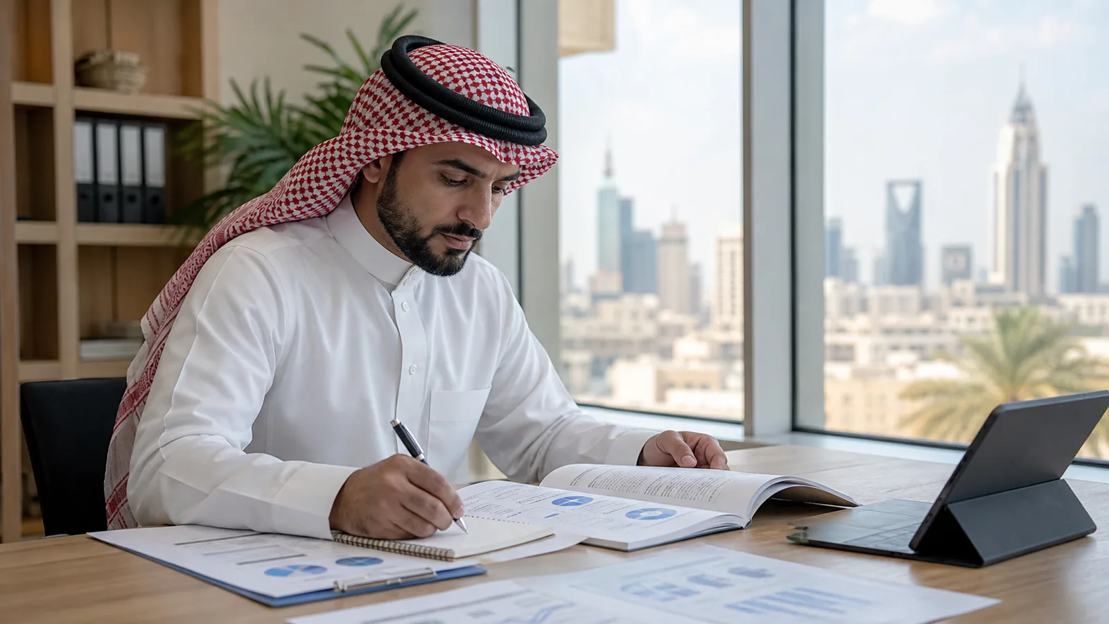 Professional studying ISO 22000 food safety audit materials in Saudi Arabia