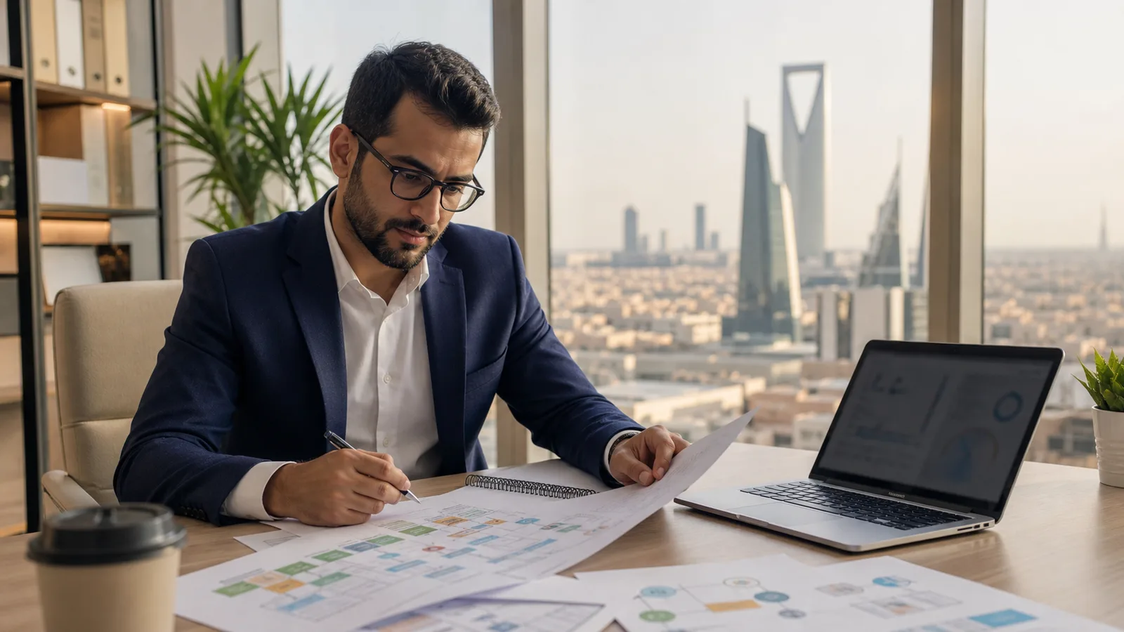 Food safety professional studying ISO 22000 implementation materials in a Riyadh office