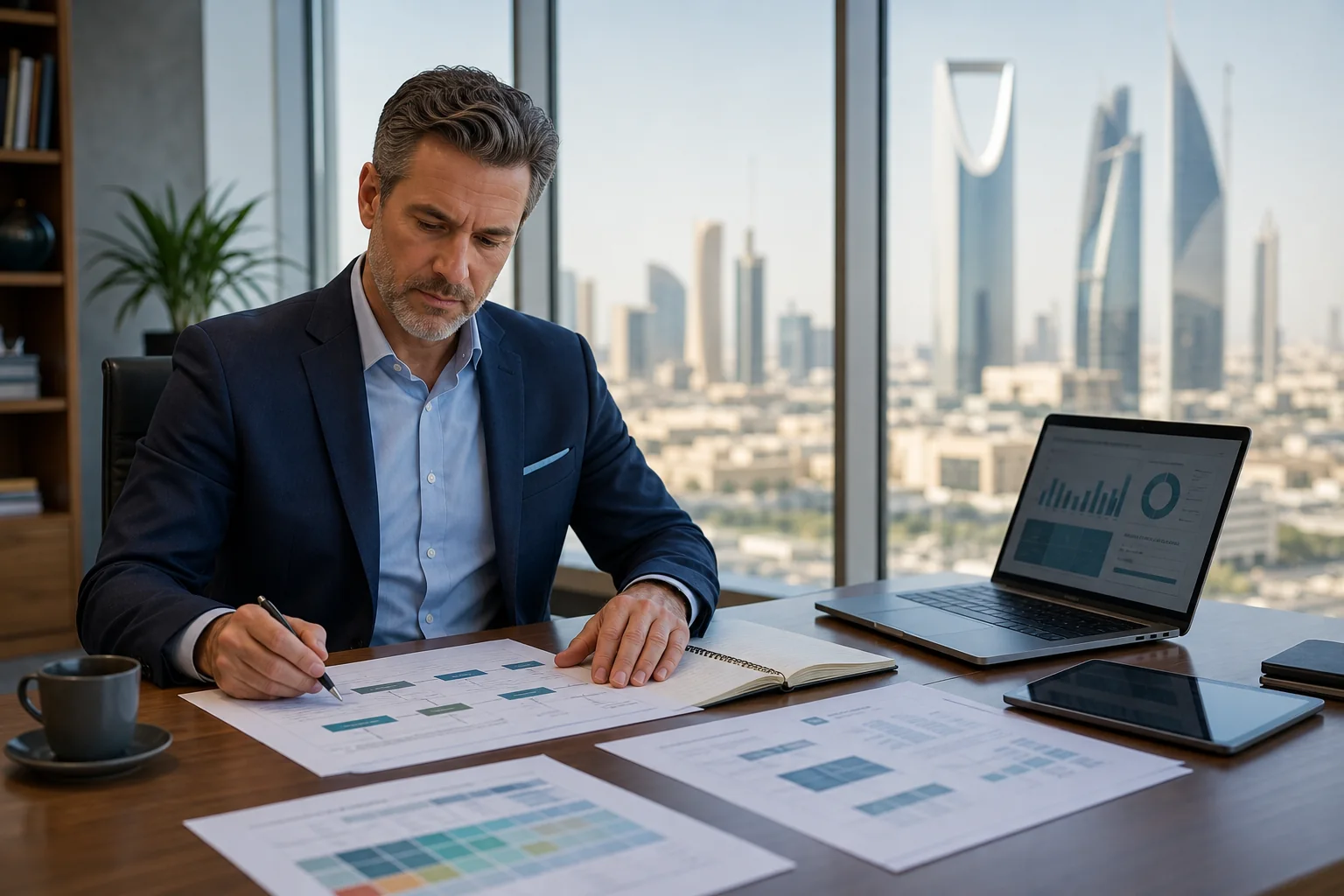 Professional studying ISO 22301 business continuity implementation materials in Saudi Arabia