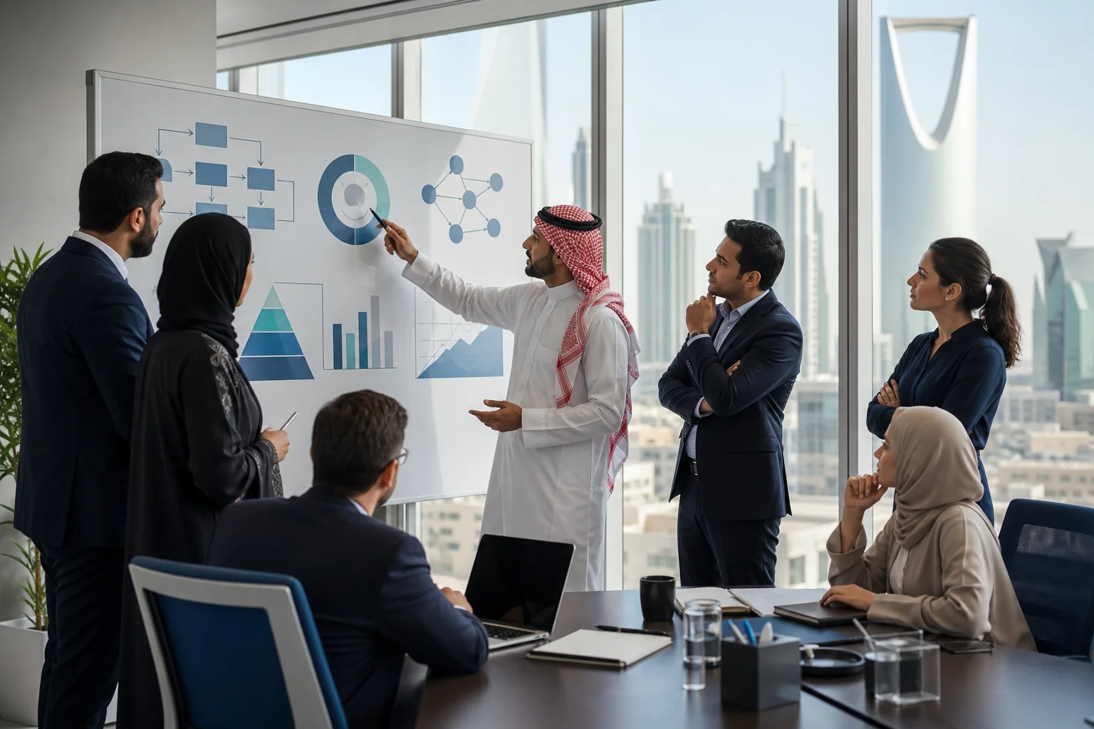 Professionals planning ISO 22301 business continuity management system implementation in a Riyadh workshop