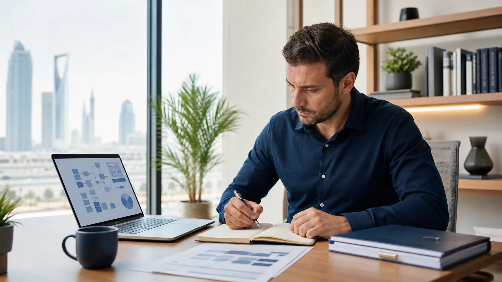 Cybersecurity professional studying ISO 27001 implementation materials in Saudi Arabia