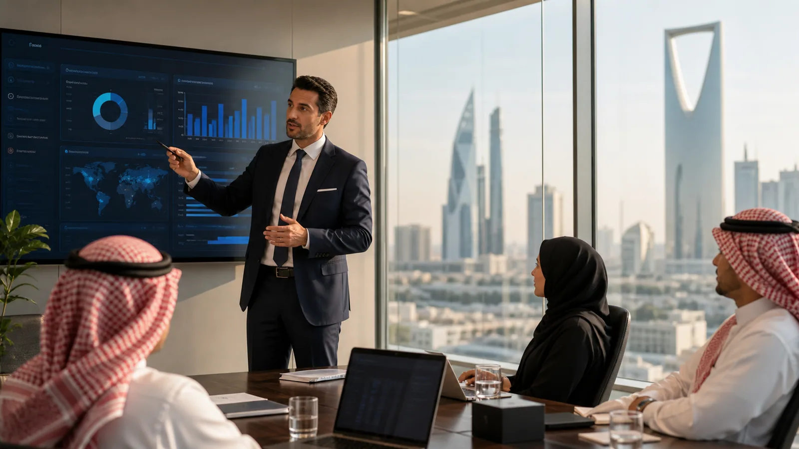 Information security risk manager presenting cyber risk reporting in Riyadh