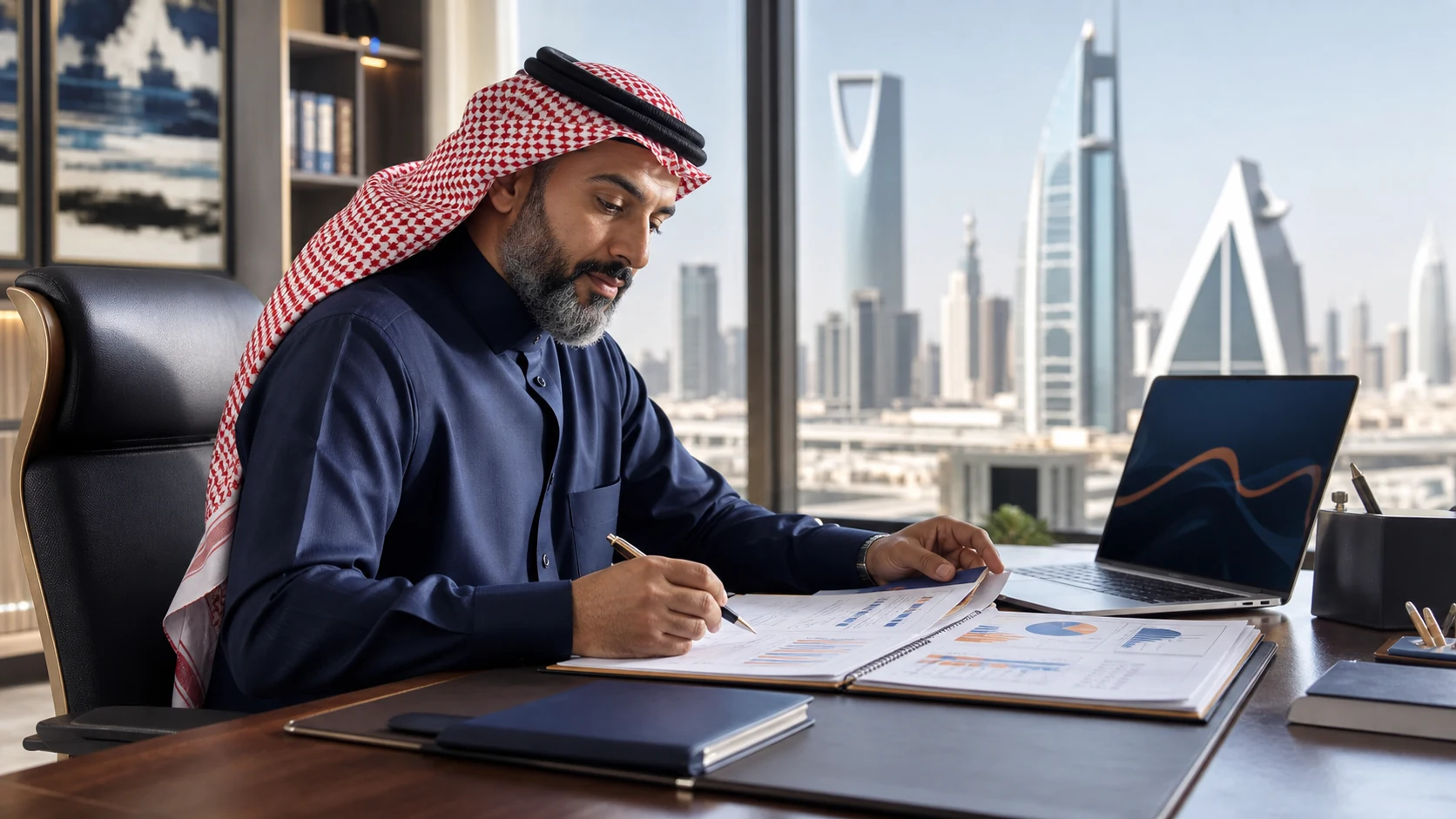 Professional studying enterprise risk management materials in Saudi Arabia