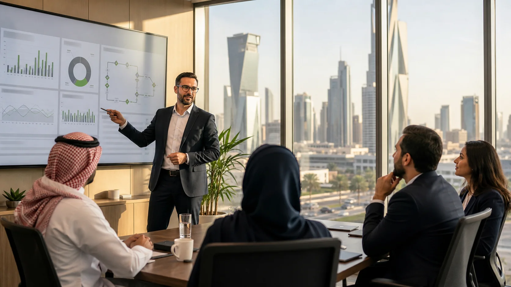 Operations professional presenting an improvement dashboard to a leadership team in Riyadh
