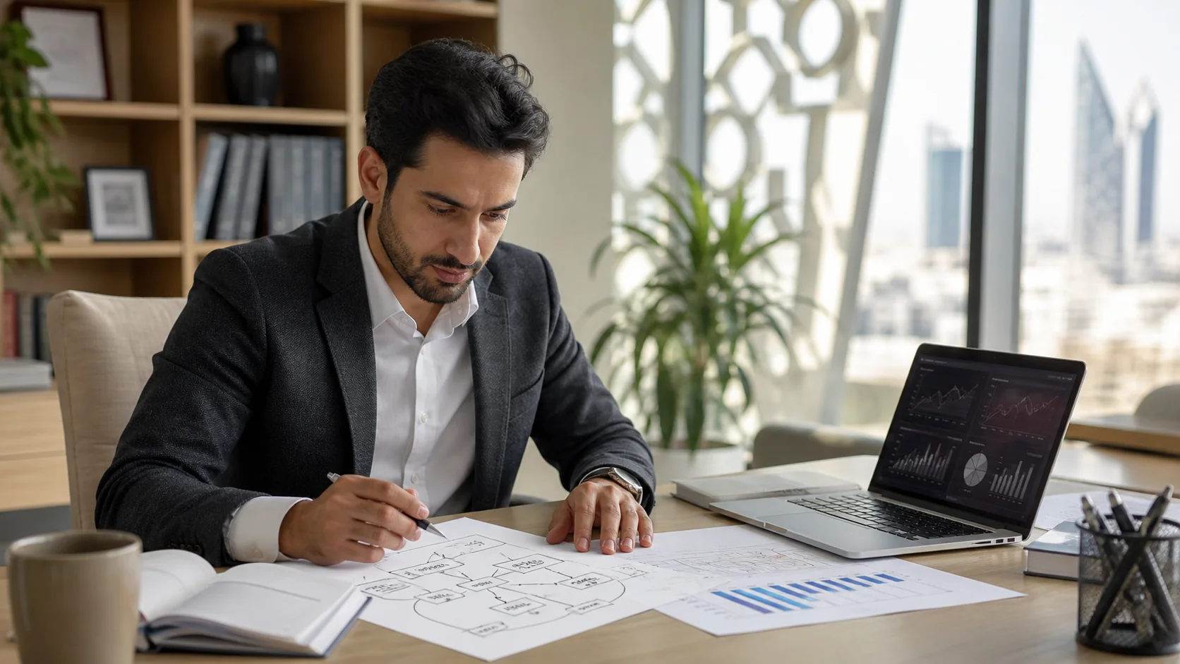 Professional reviewing a DMAIC process map and analytics while studying Lean Six Sigma in Riyadh