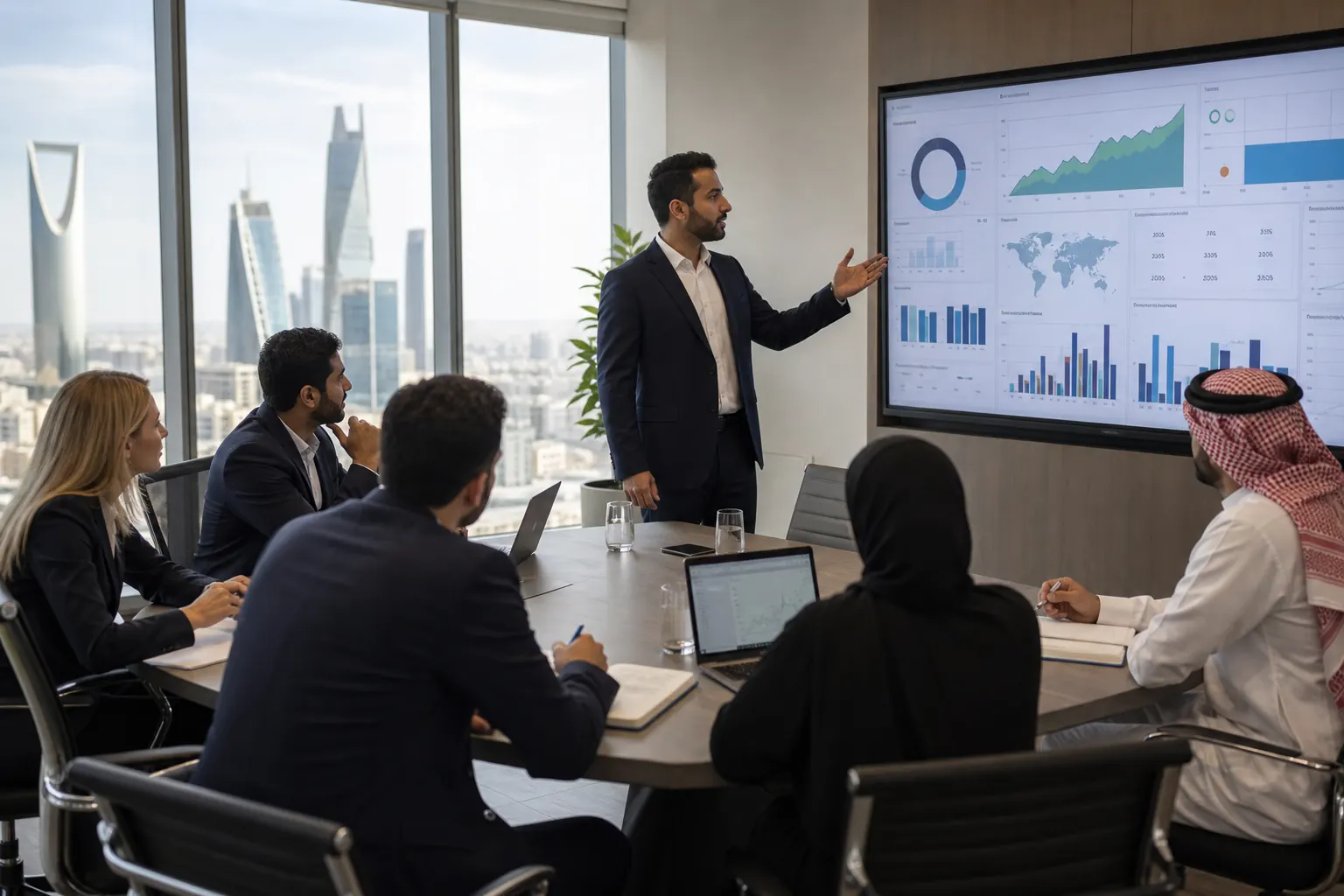 International professionals reviewing a Power BI performance dashboard in a Riyadh office