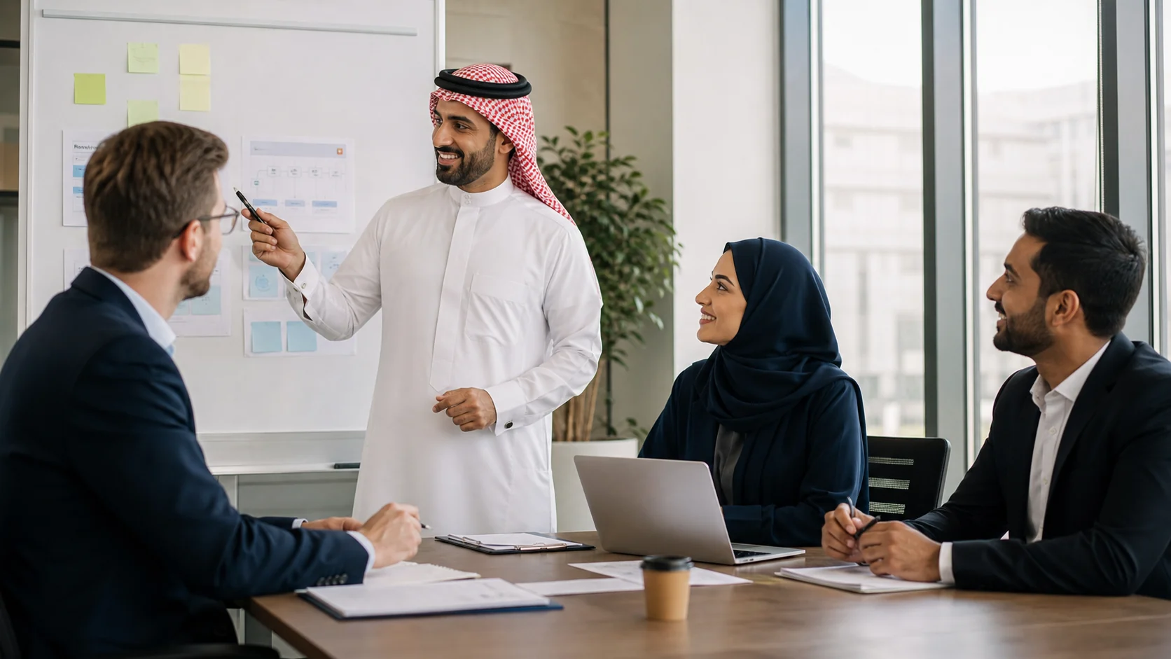 Saudi and international professionals discussing employee relations and HR compliance workflow