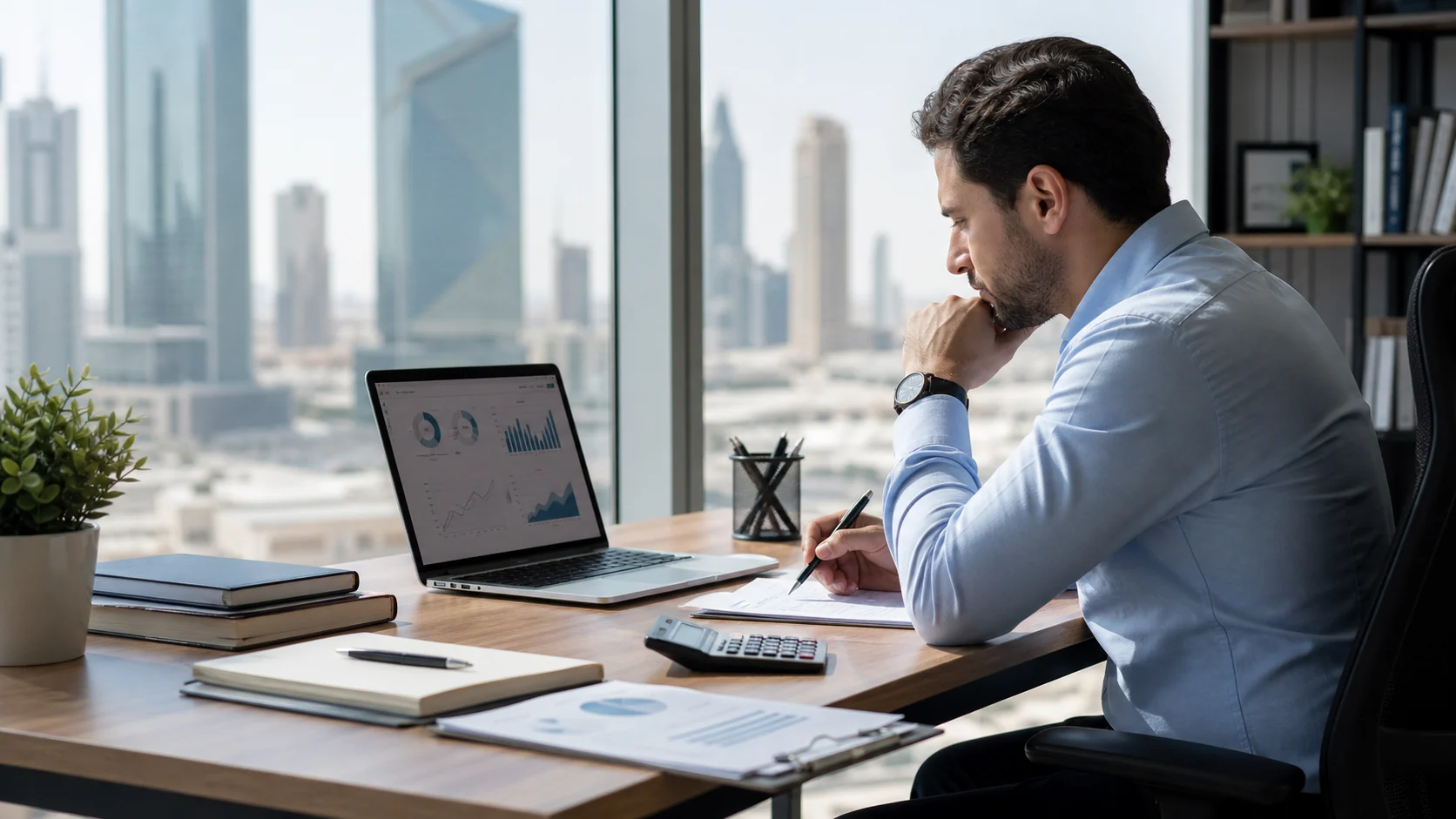 HR professional reviewing Saudi employment compliance material in a Riyadh office