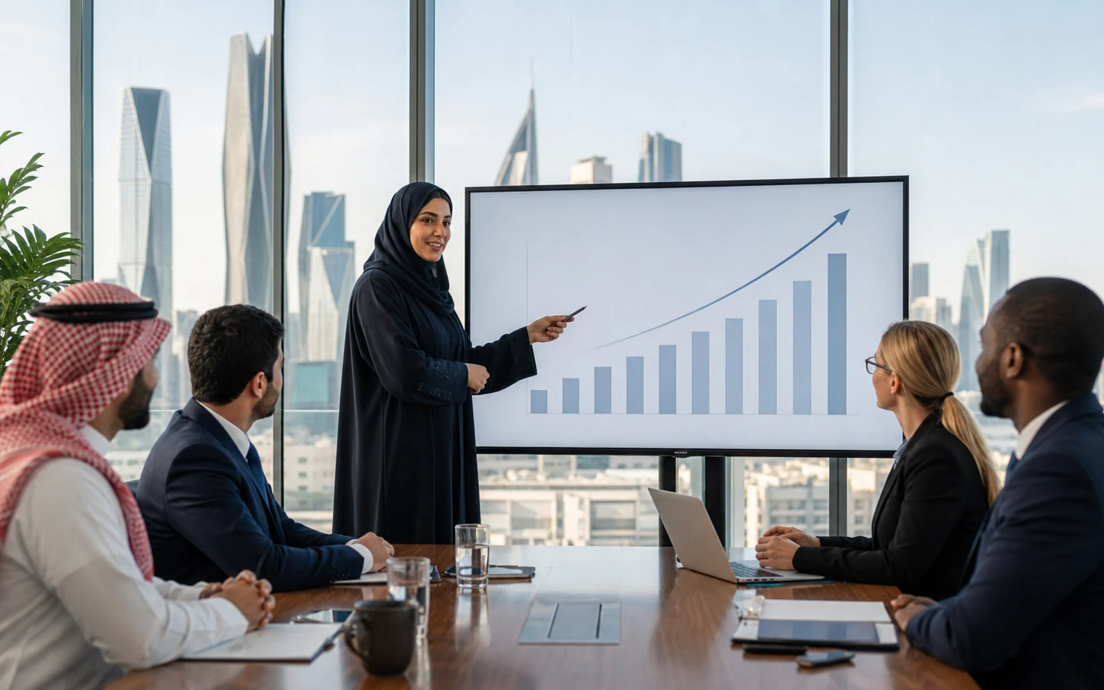 Saudi finance professional confidently reviewing reports in a Riyadh office