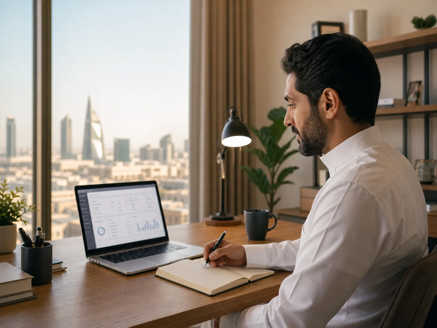 Saudi accounting professional studying Zoho Books from a home office in Riyadh