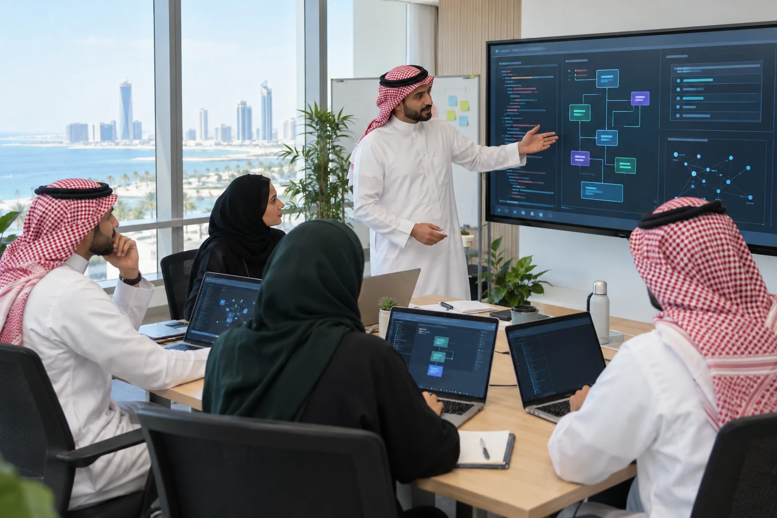 Saudi professionals building and evaluating AI agents during a practical training lab in Jeddah