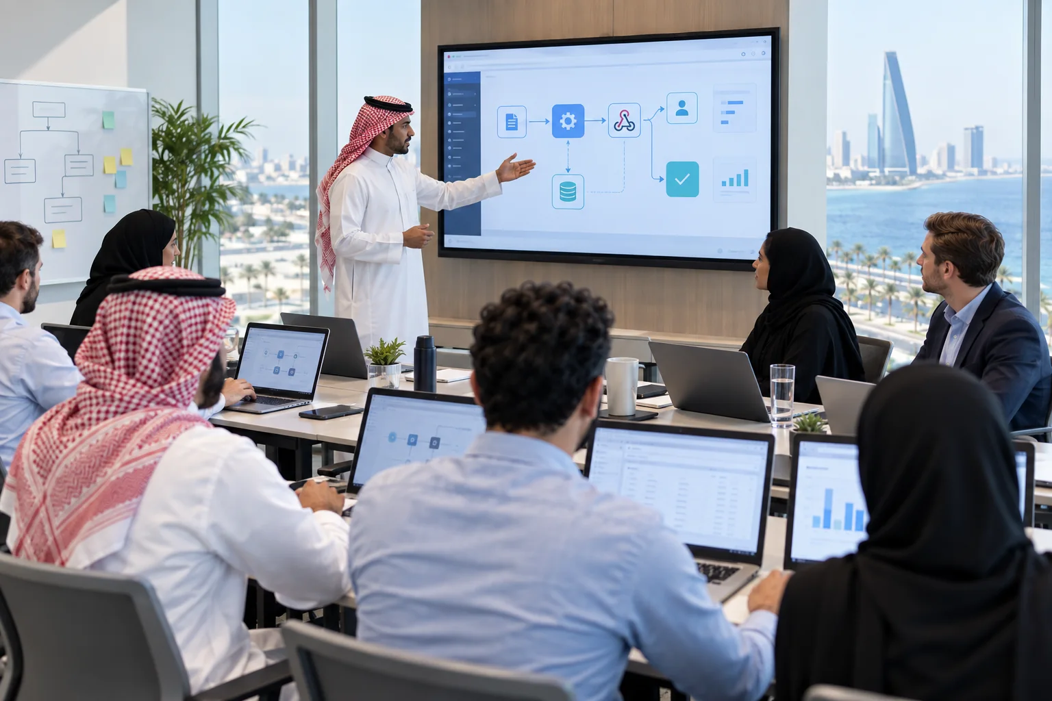 Professionals building and testing AI automation workflows during a practical course in Jeddah
