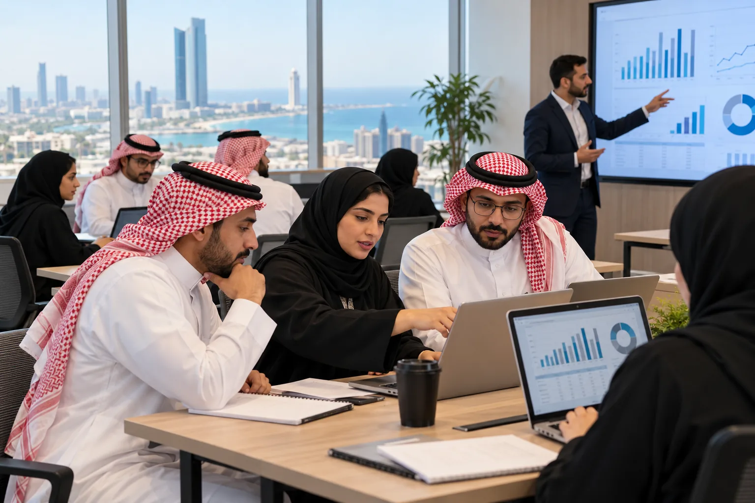 Saudi finance professionals using AI and Excel during practical training in Jeddah