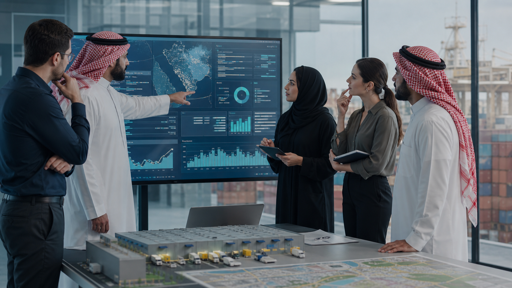 Saudi logistics team reviewing supply chain operations dashboard