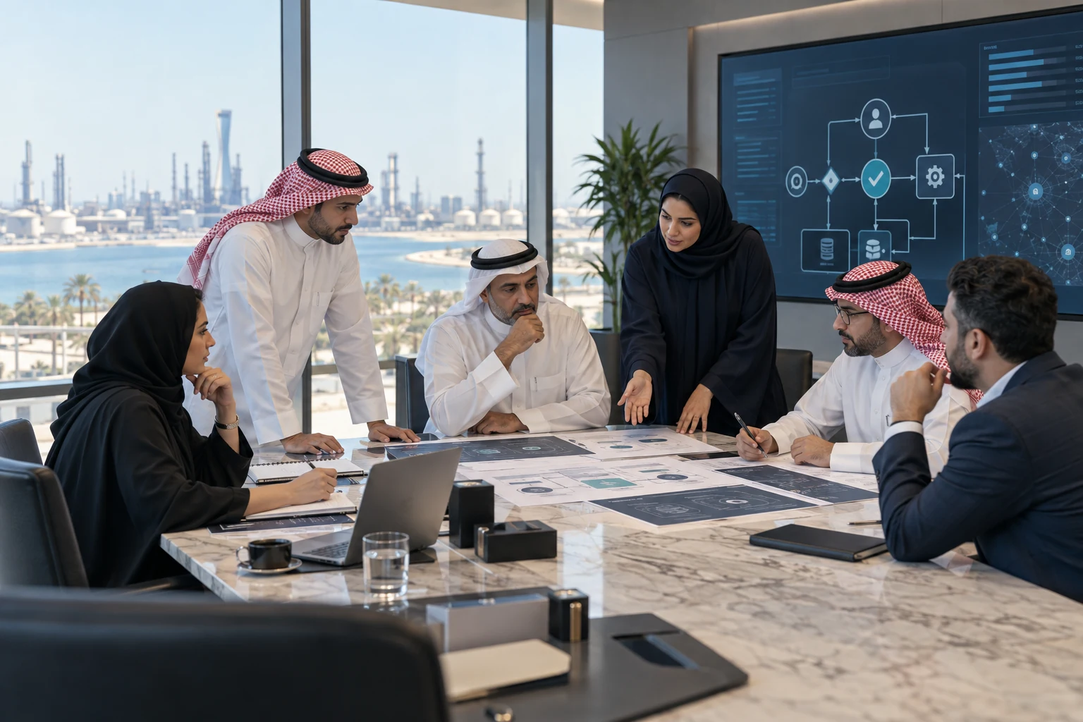 Saudi enterprise team reviewing AI agent controls during a corporate workshop in the Eastern Province