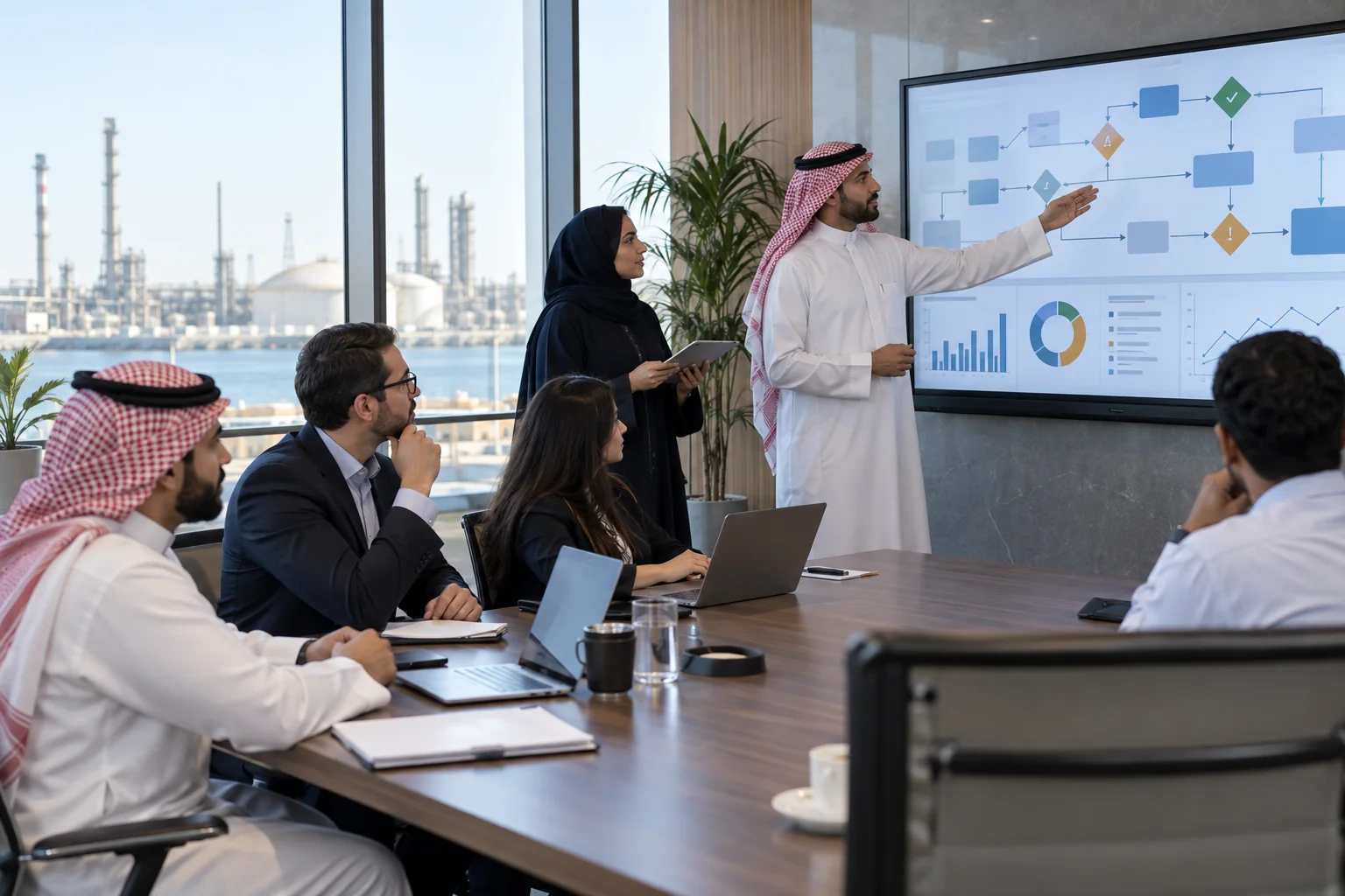 Saudi enterprise team reviewing workflow controls during corporate AI automation training in the Eastern Province