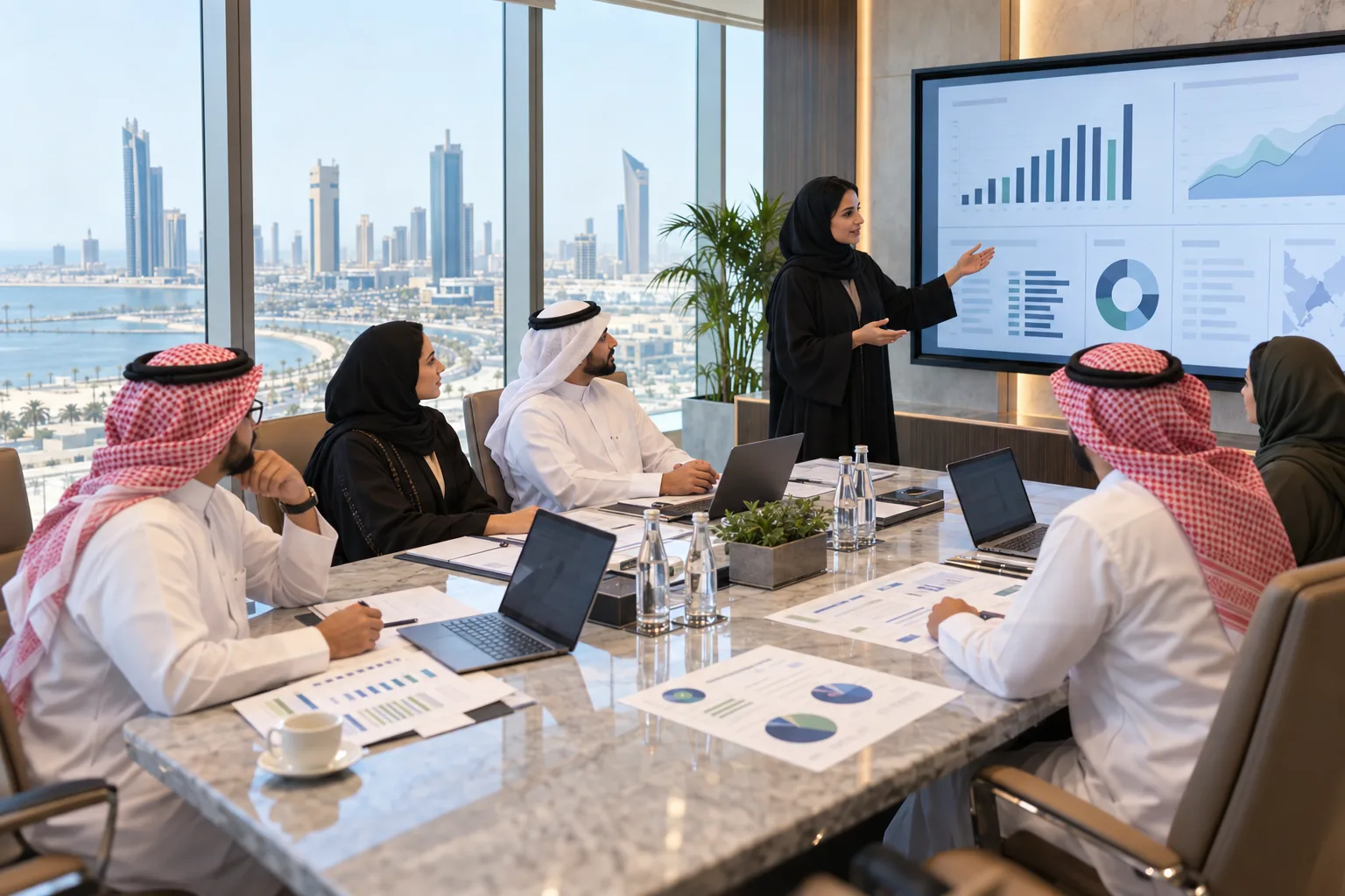 Saudi finance leadership team reviewing AI reporting and controls during corporate training in the Eastern Province