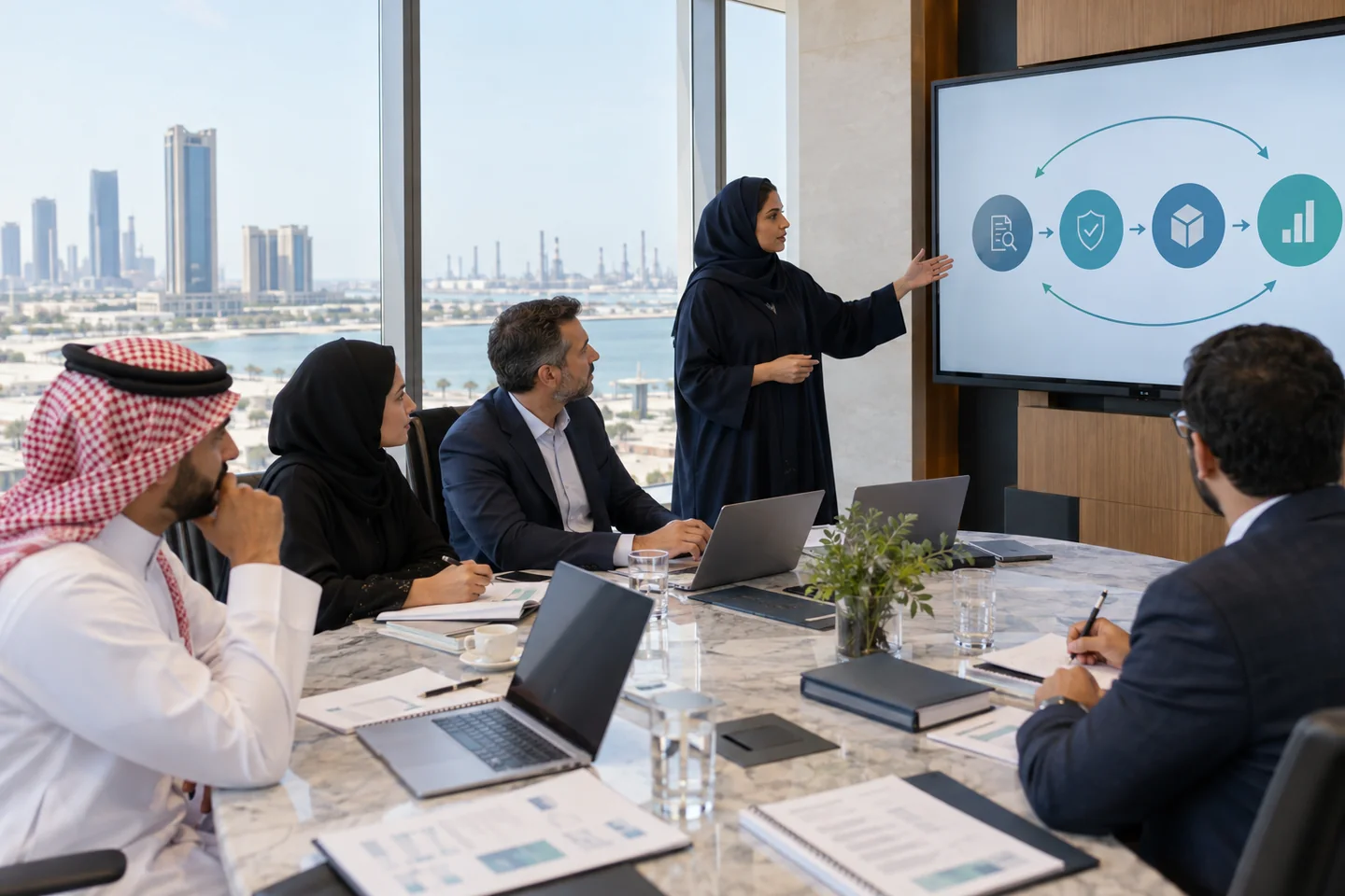 Corporate team reviewing AI agent testing, publishing and governance in Saudi Arabia’s Eastern Province