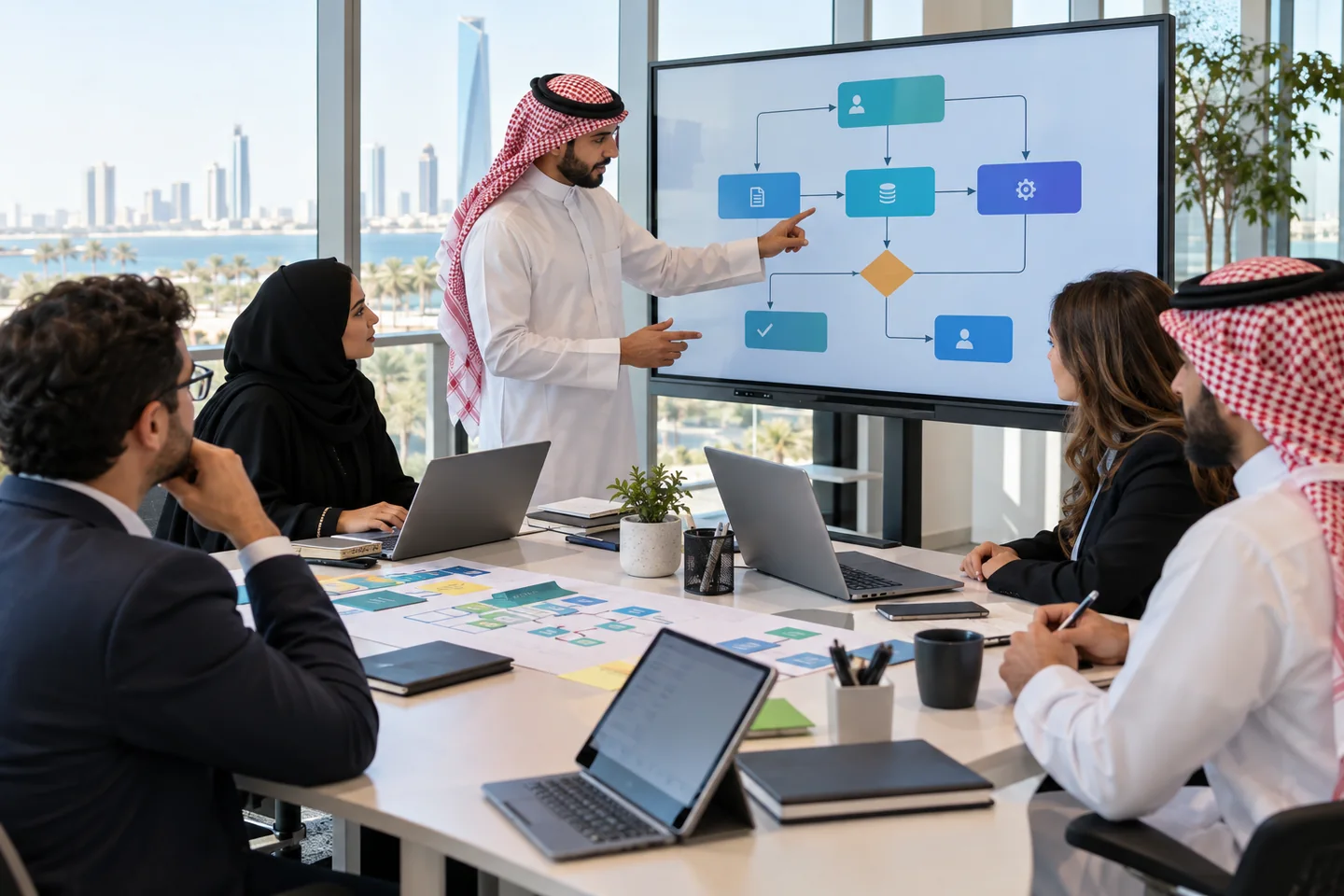 Professionals mapping an AI agent workflow during a Microsoft Copilot Studio course in Jeddah