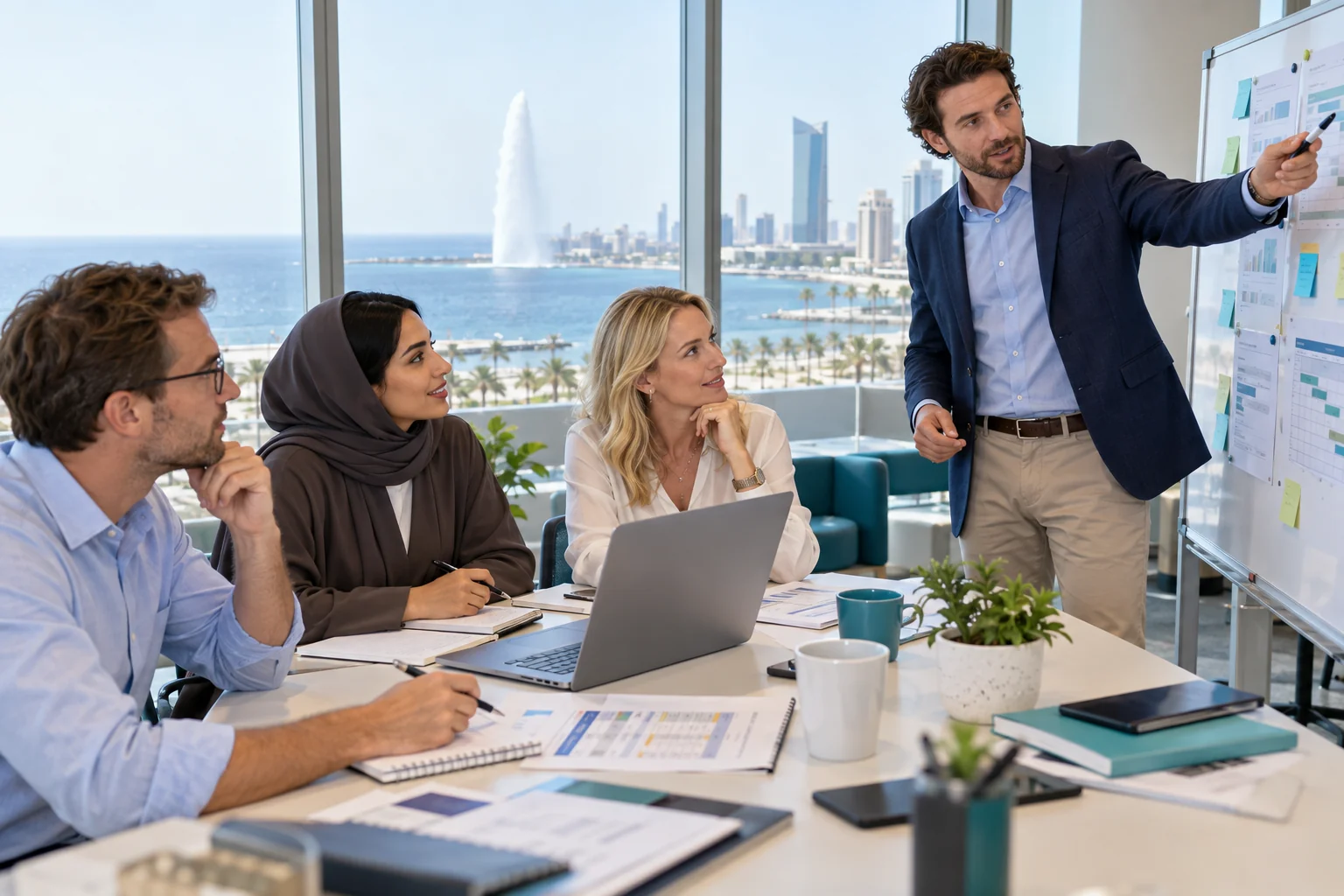 Illustrative AI project management learning session overlooking the Jeddah waterfront