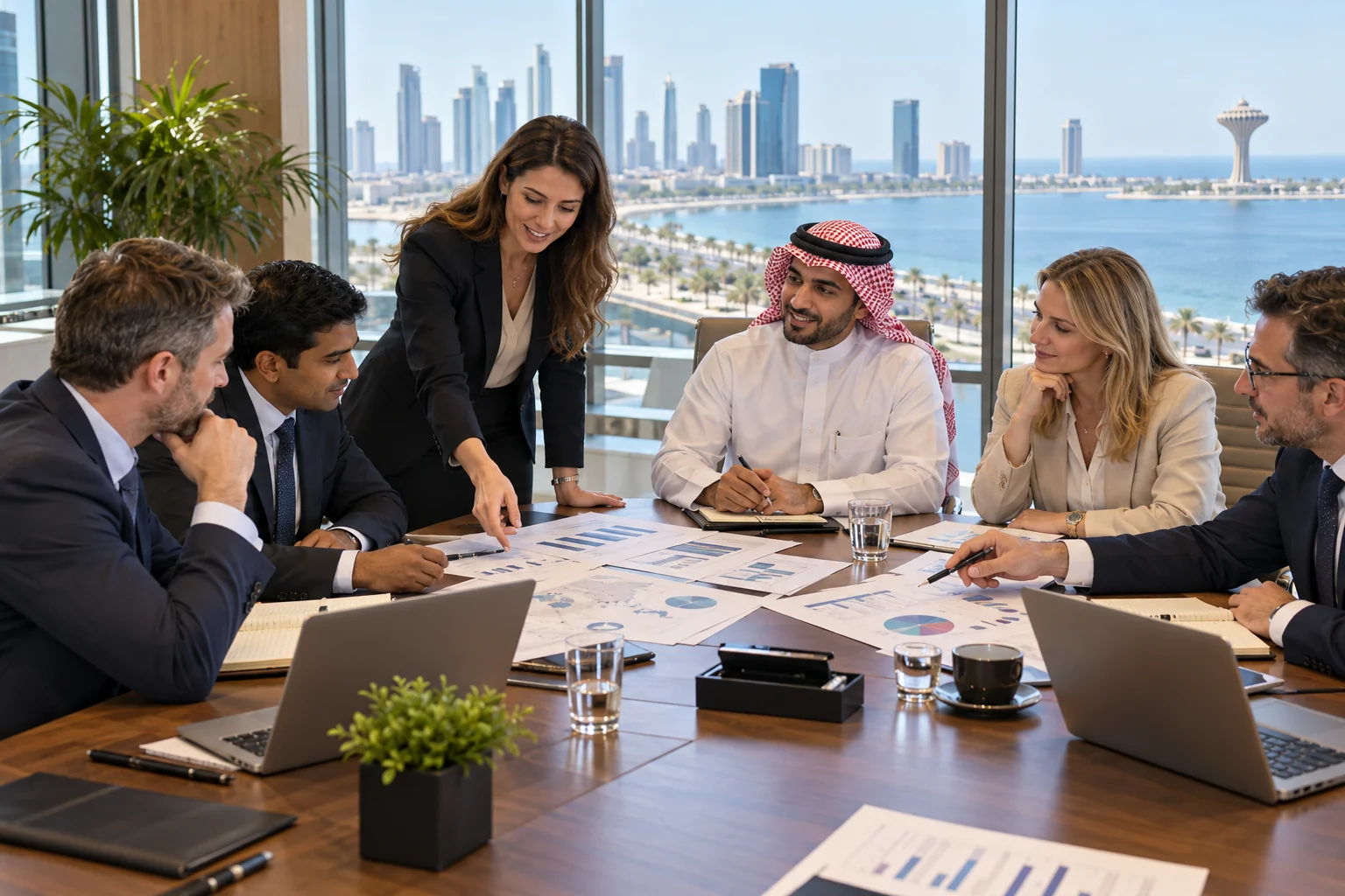 Illustrative corporate project reporting workshop overlooking the Khobar waterfront