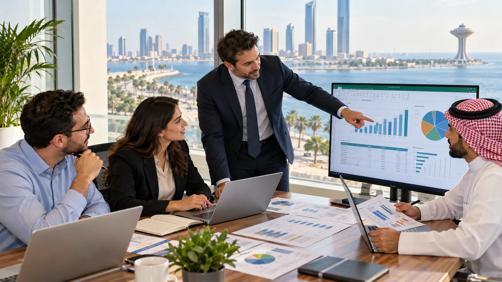 Illustration of a corporate team reviewing Excel management reports in an Al Khobar workplace