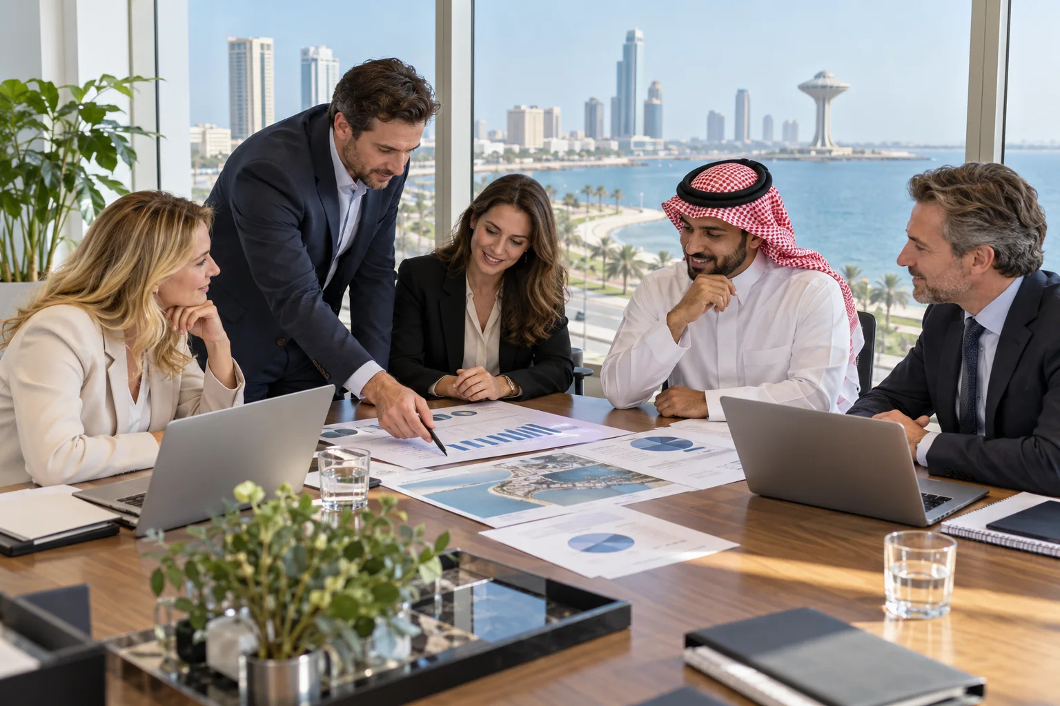 Illustration of a corporate team reviewing AI-assisted reports in an Al Khobar workplace