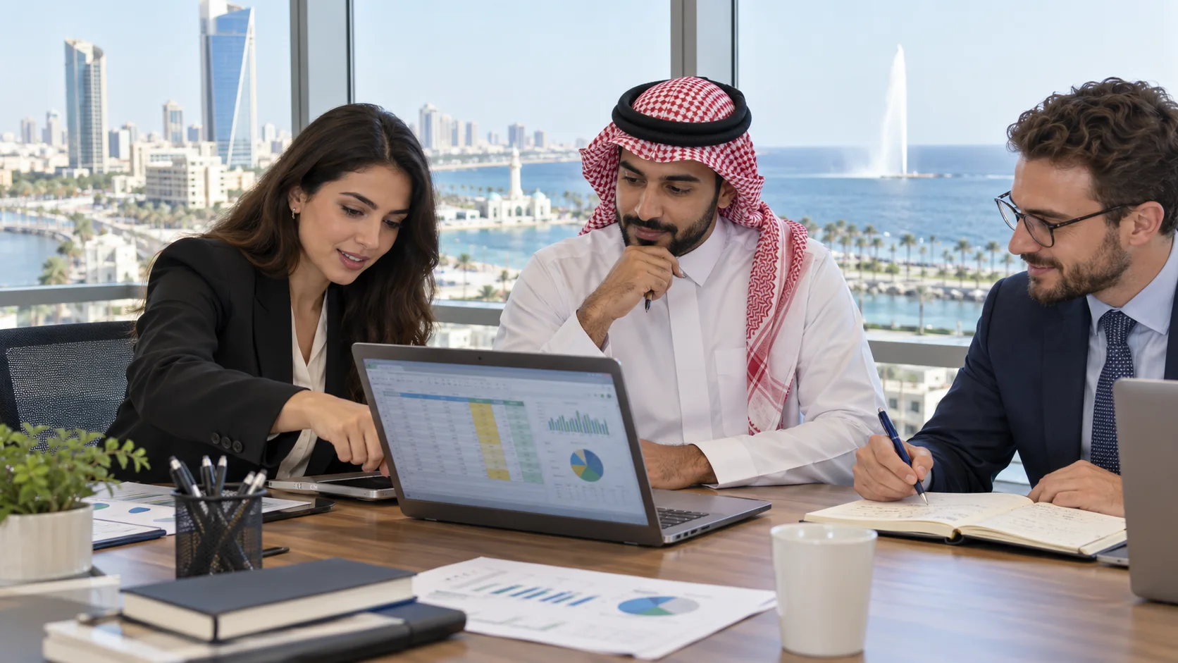 Illustration of professionals practising Excel data analysis in a bright Jeddah workplace