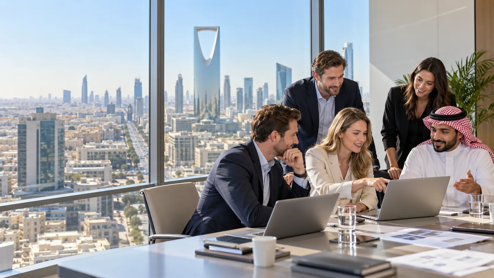 Illustration of professionals learning Generative AI in a Riyadh workplace with the Kingdom Centre skyline
