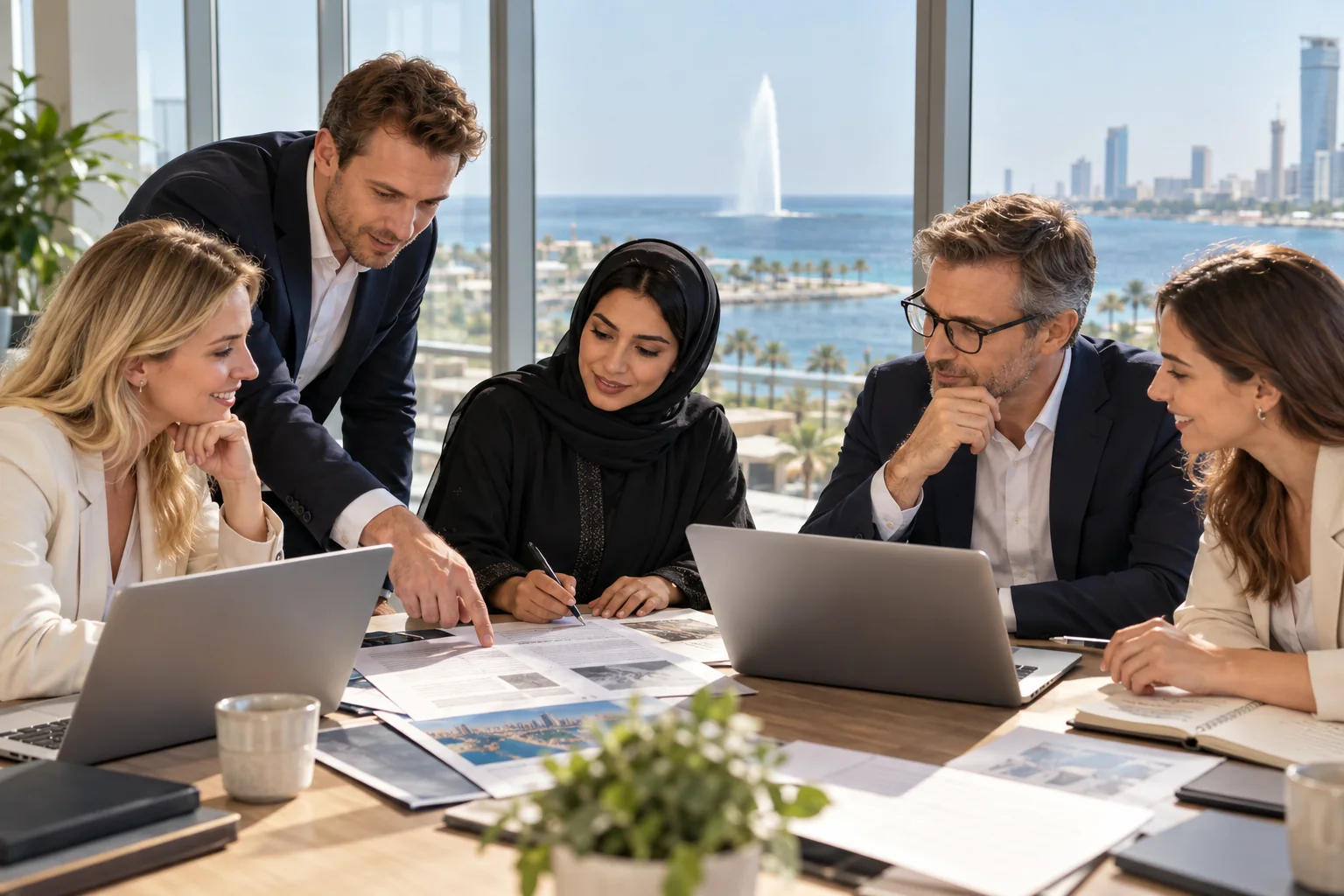 Illustration of professionals practising AI document review in a bright Jeddah workspace