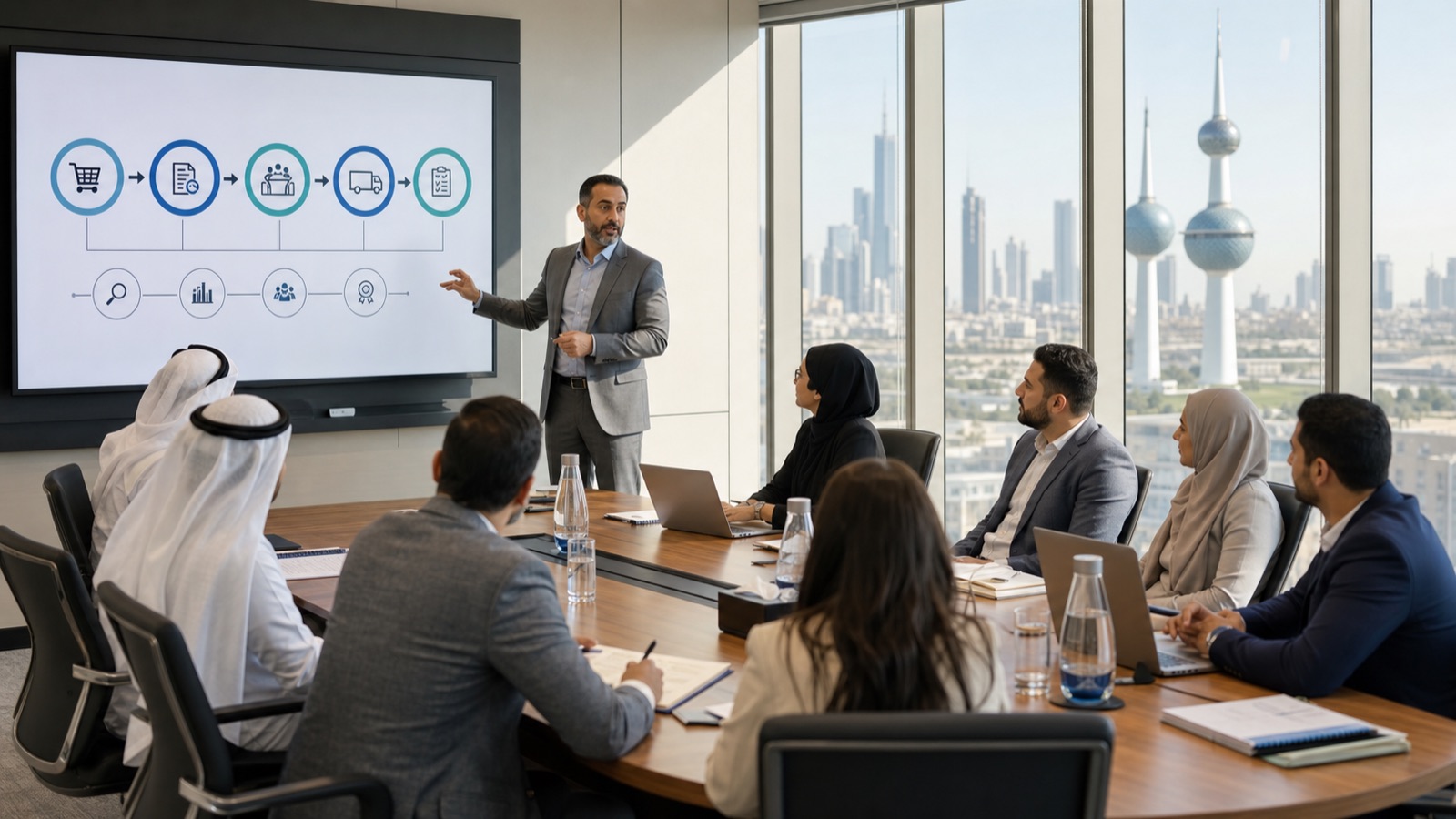 Procurement and supply professionals in a live Kuwait training workshop with Kuwait City in the background