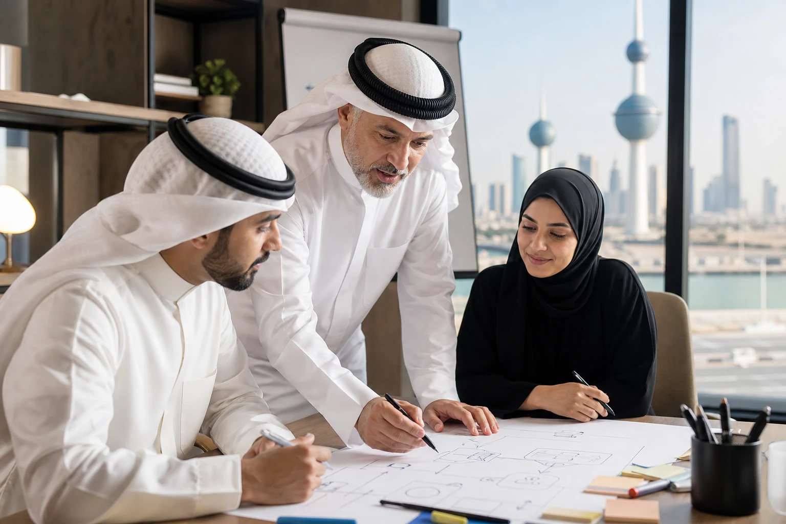 Kuwait cyber security professionals reviewing controls in a bright training workshop