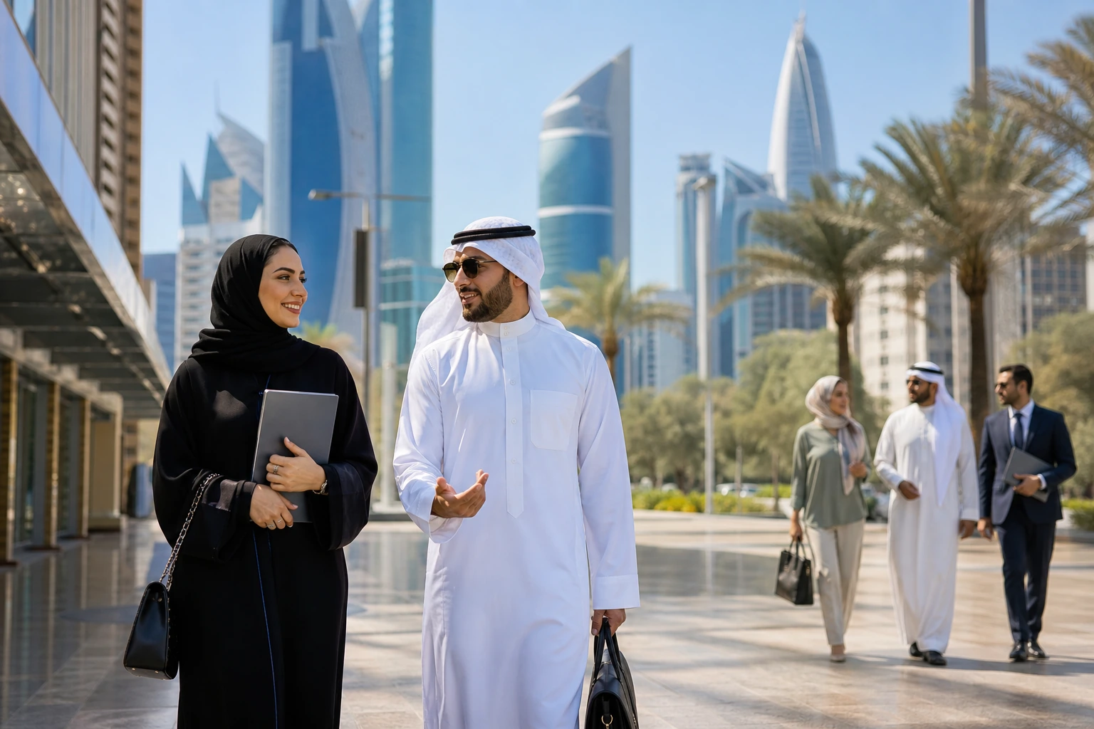 Kuwait business district with professionals walking through a modern commercial area