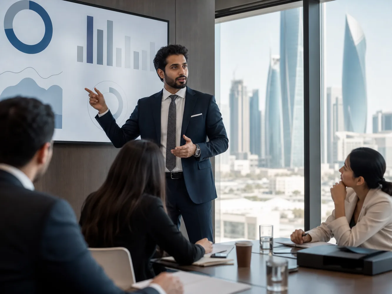 Finance professional presenting AI-assisted reporting insights in Kuwait