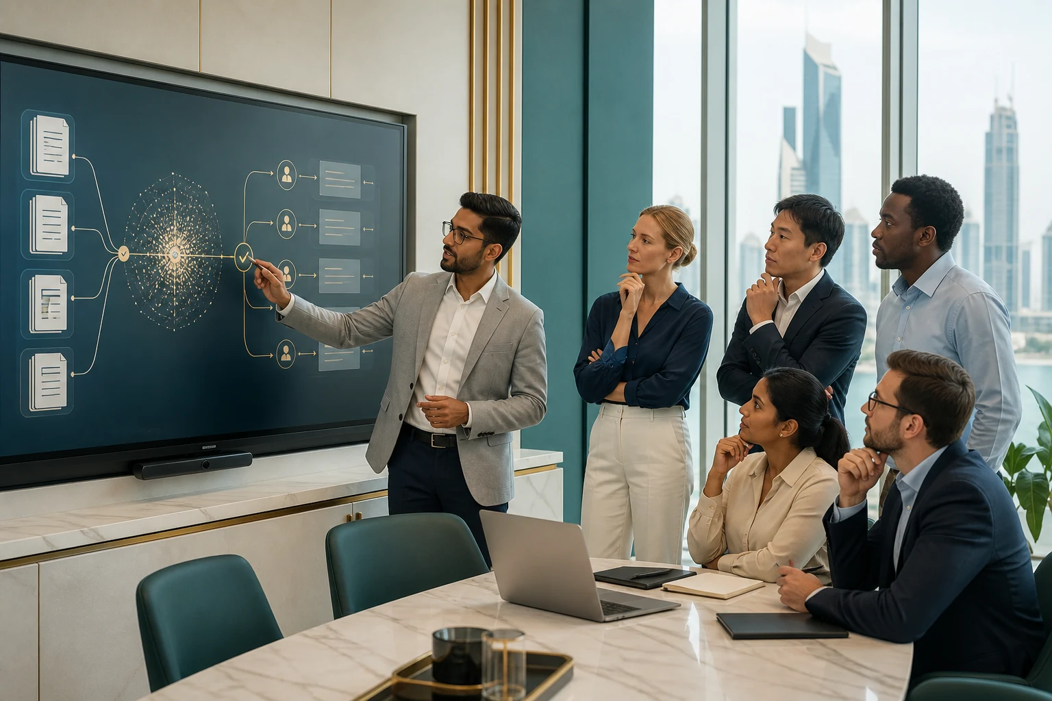 Professionals reviewing a Generative AI implementation workflow