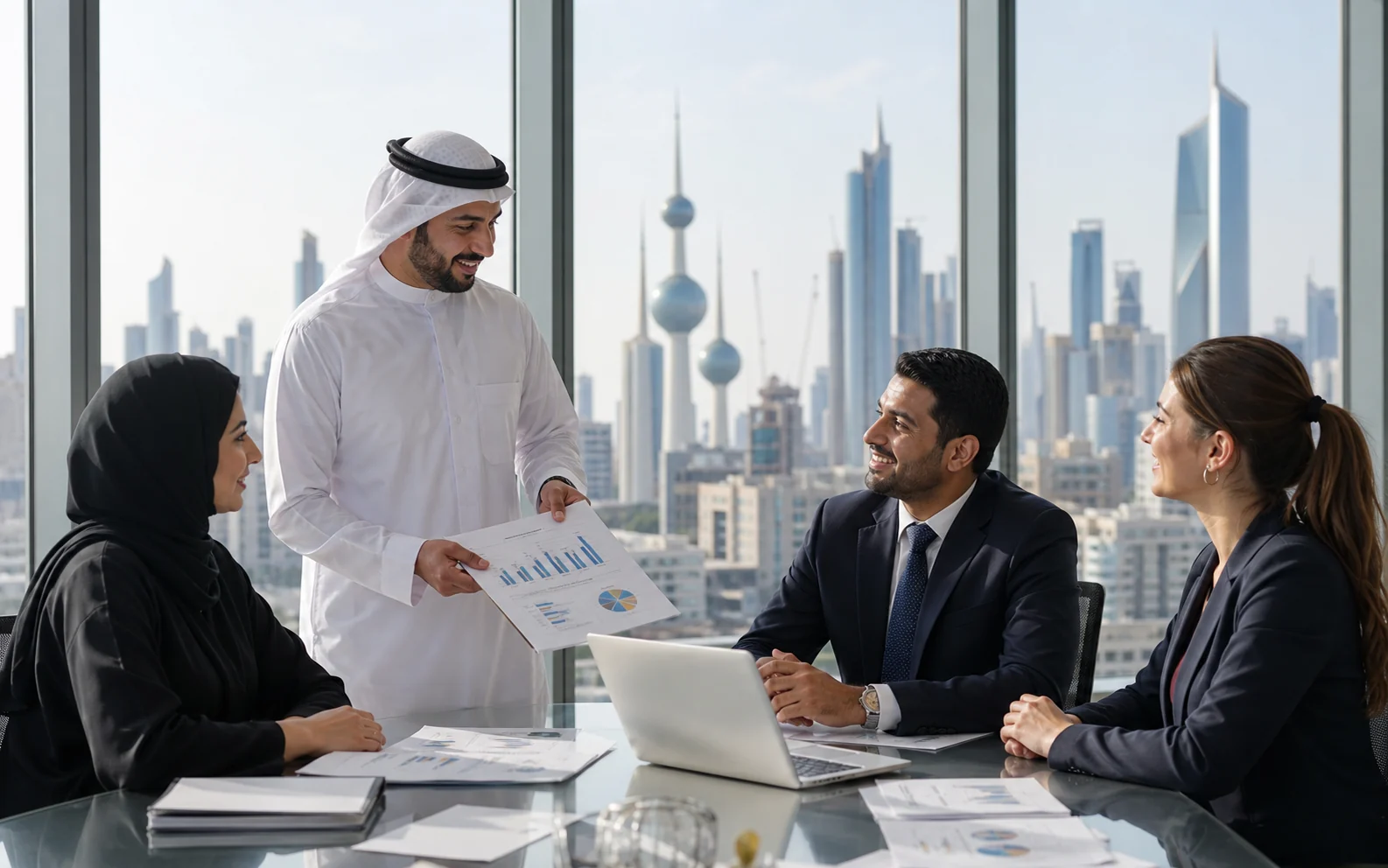 Kuwait finance team reviewing management reports in Kuwait City