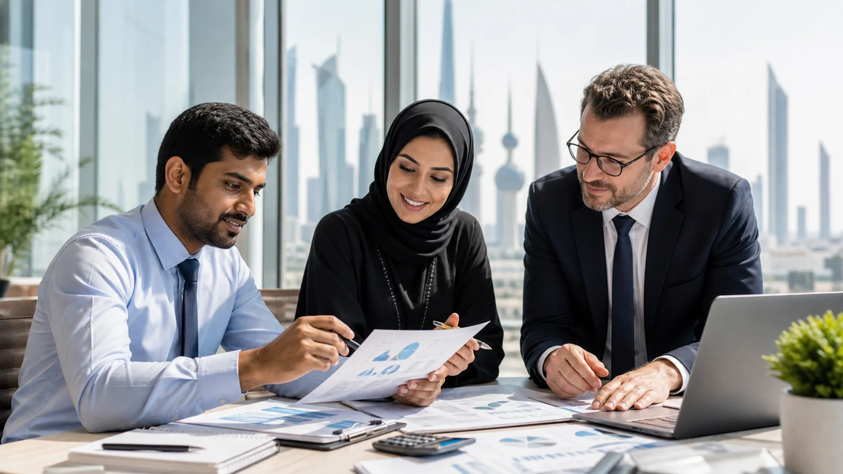 Finance professionals reviewing accounting reports in a Kuwait City office